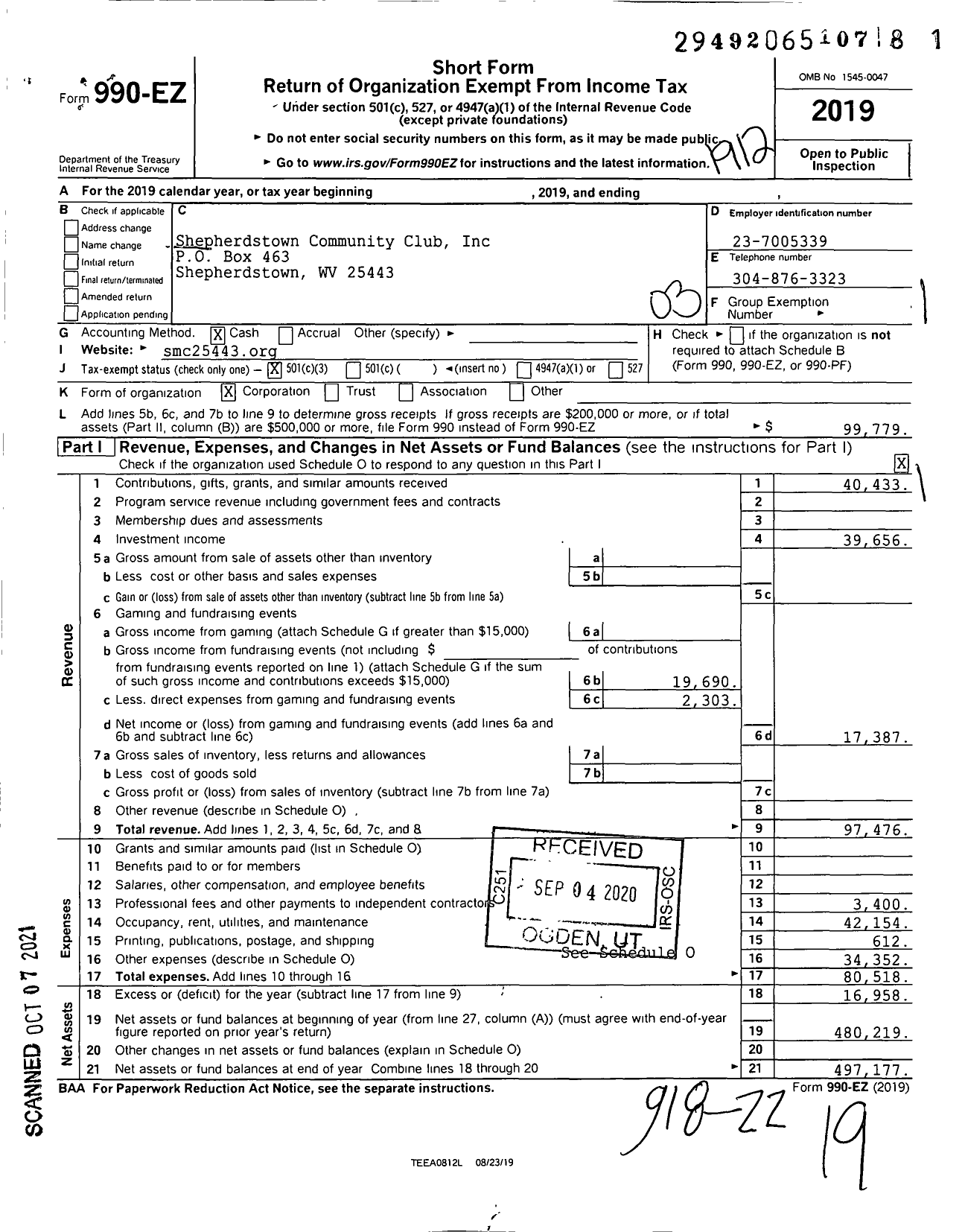 Image of first page of 2019 Form 990EZ for Shepherdstown Community Club