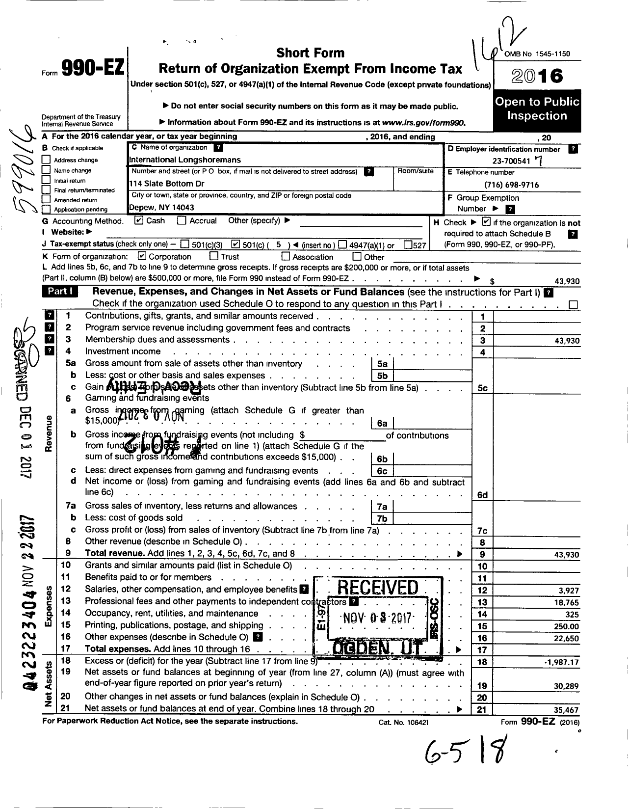 Image of first page of 2016 Form 990EO for International Longshoremen's Association - 1949 Ila