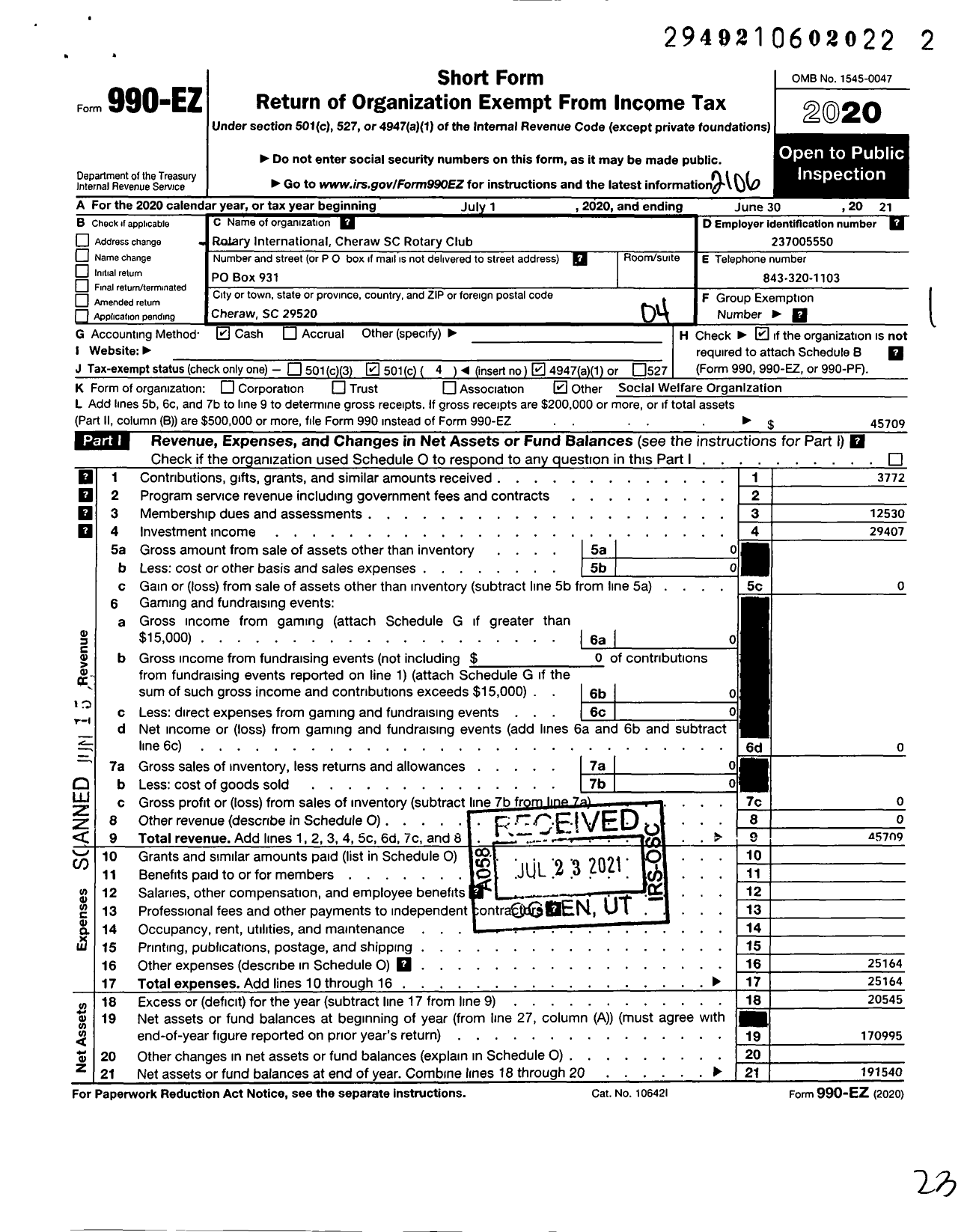 Image of first page of 2020 Form 990EO for Rotary International - Cheraw SC Rotary Club