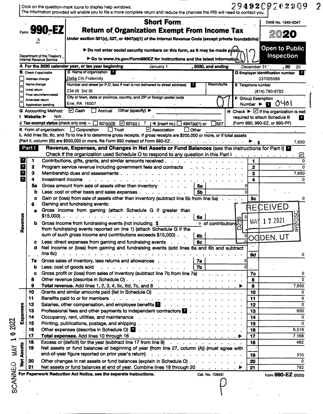 Image of first page of 2020 Form 990EO for Delta Chi Fraternity / Gannon Chapter