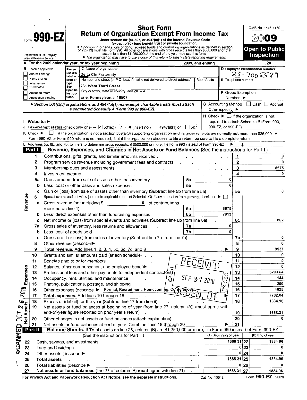 Image of first page of 2009 Form 990EO for Delta Chi Fraternity / Gannon Chapter