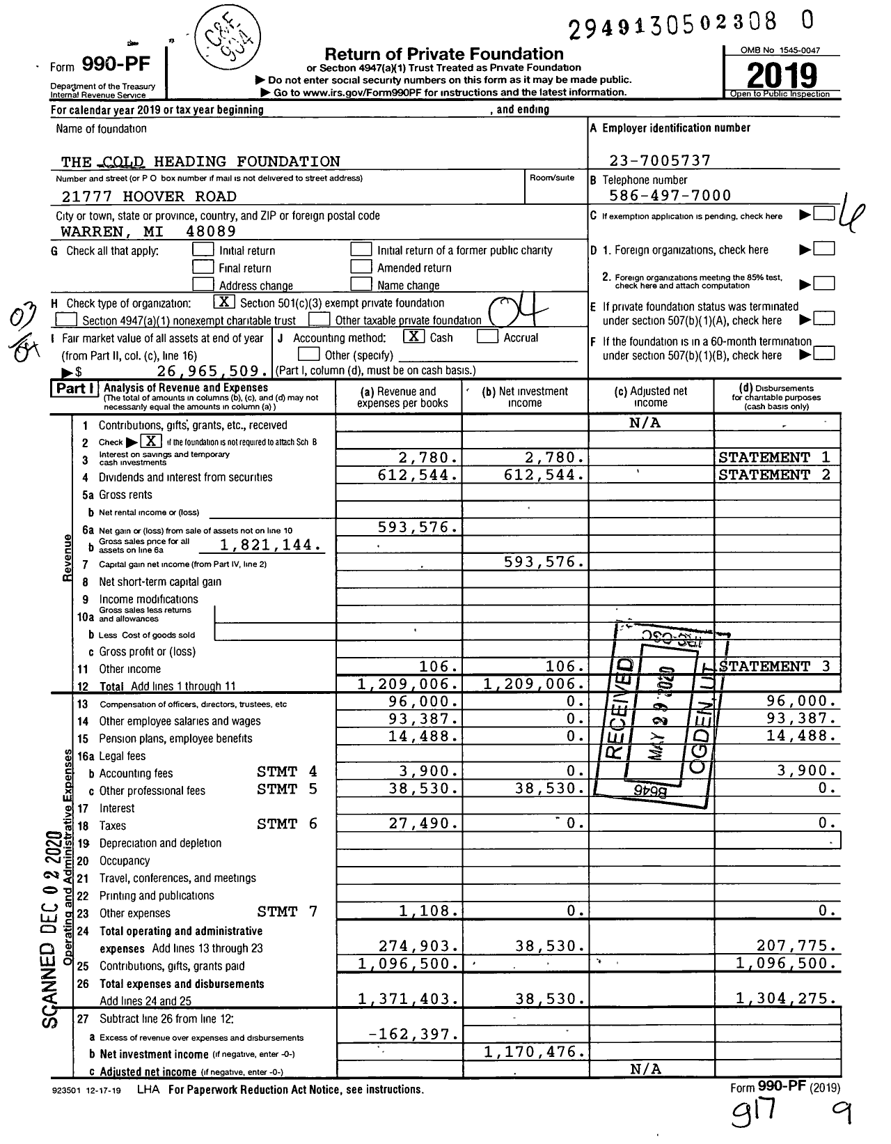 Image of first page of 2019 Form 990PF for The Cold Heading Foundation