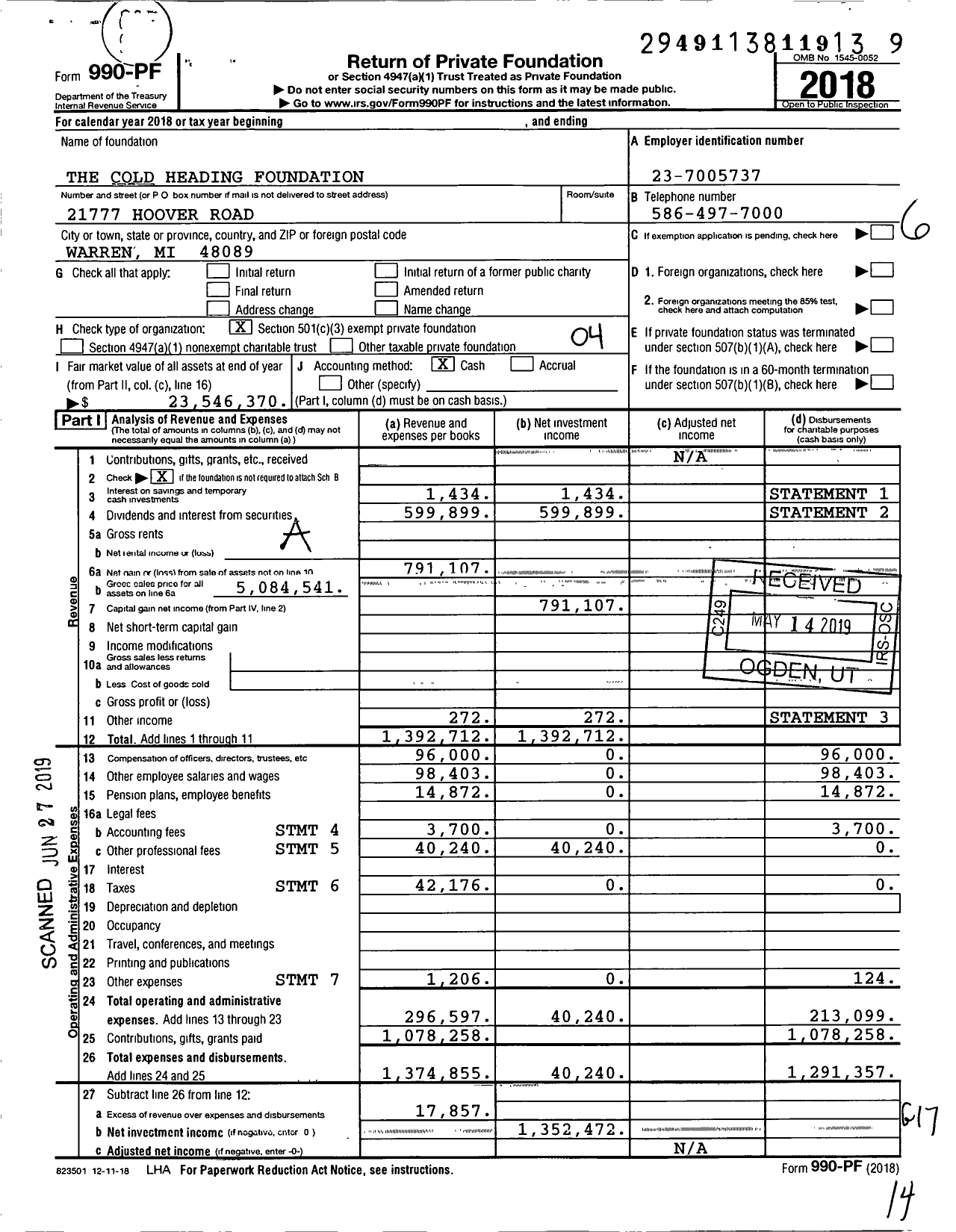 Image of first page of 2018 Form 990PF for The Cold Heading Foundation