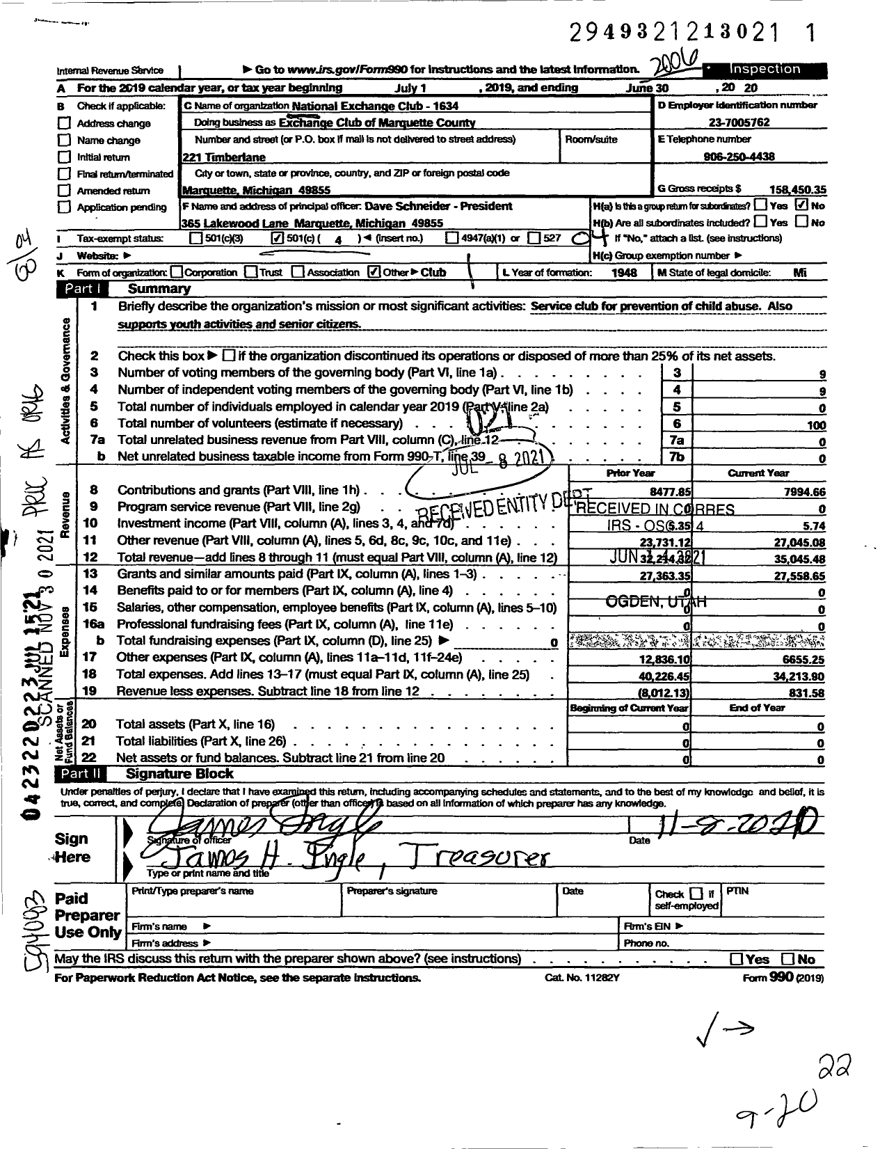 Image of first page of 2019 Form 990O for National Exchange Club - Exchange Club of Marquette County