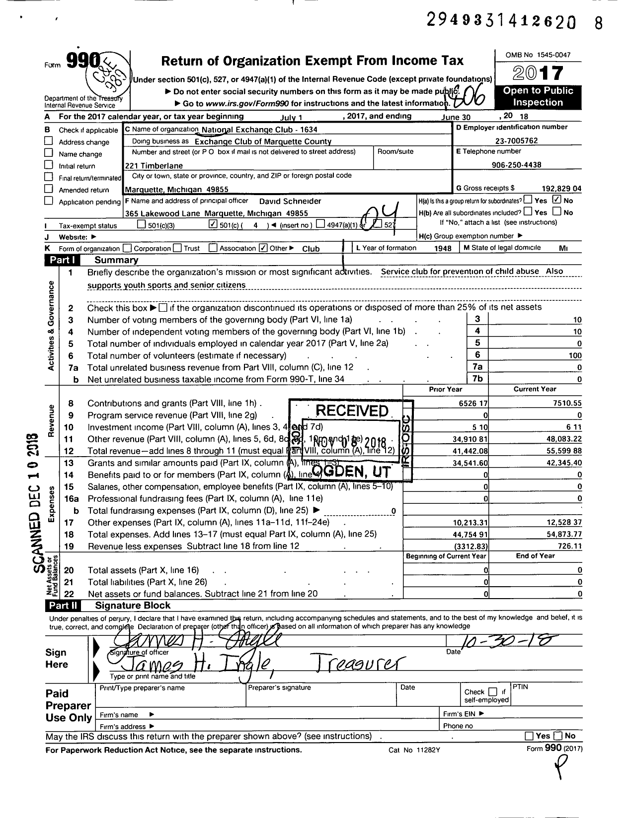 Image of first page of 2017 Form 990O for National Exchange Club - Exchange Club of Marquette County