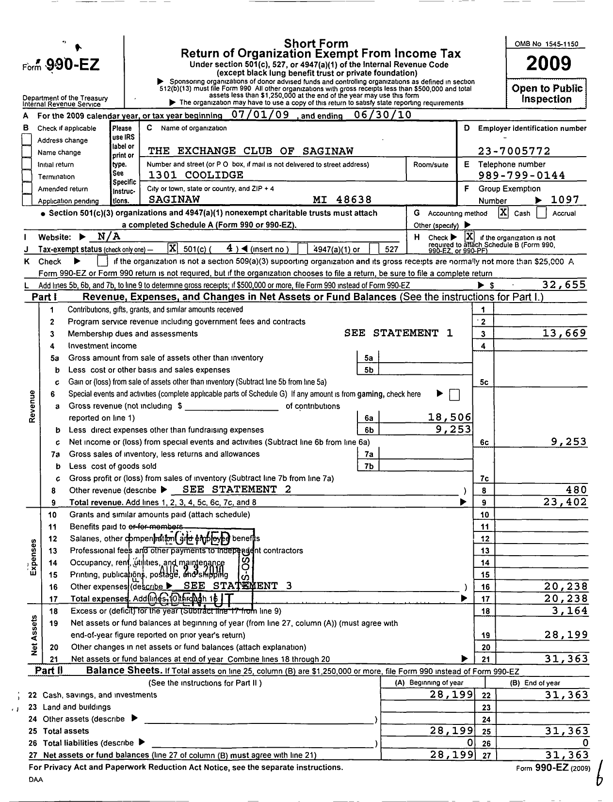 Image of first page of 2009 Form 990EO for National Exchange Club - 1647 Saginaw Mi