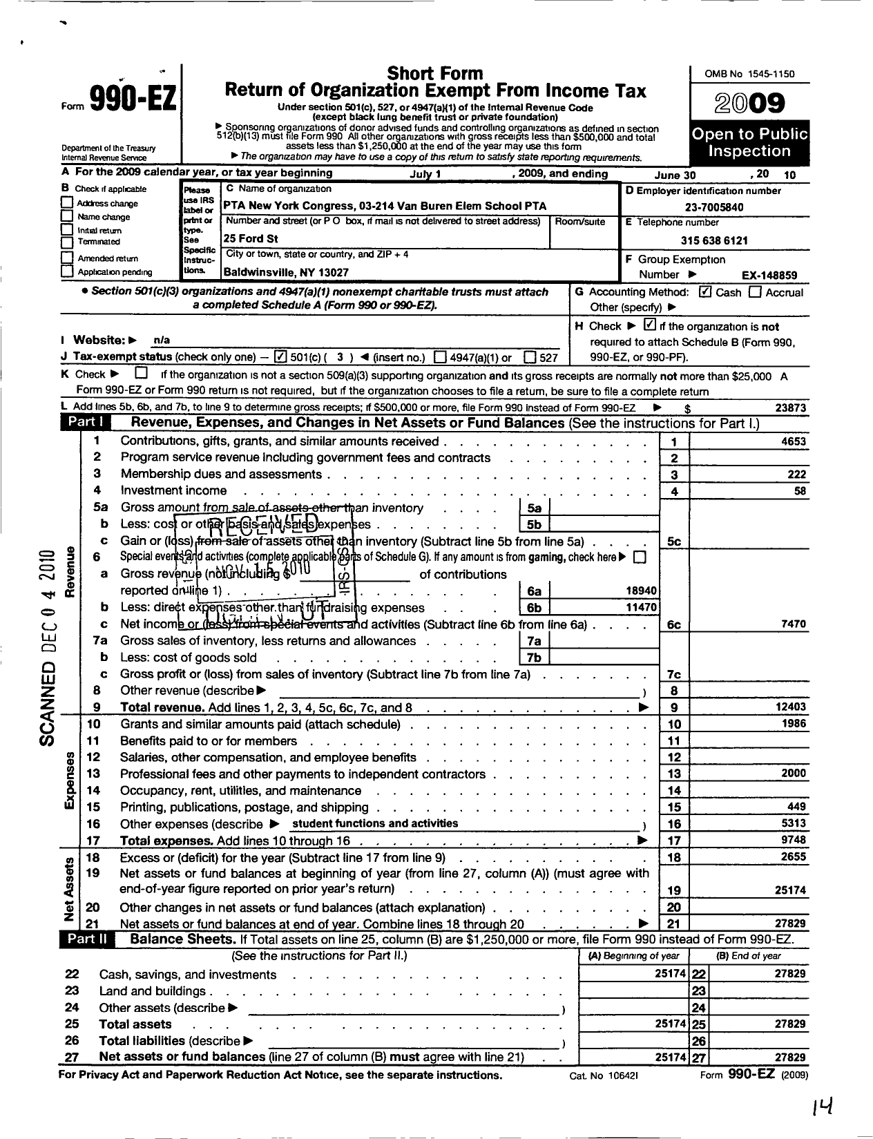 Image of first page of 2009 Form 990EZ for New York State PTA - 03-214 Van Buren Elem School PTA