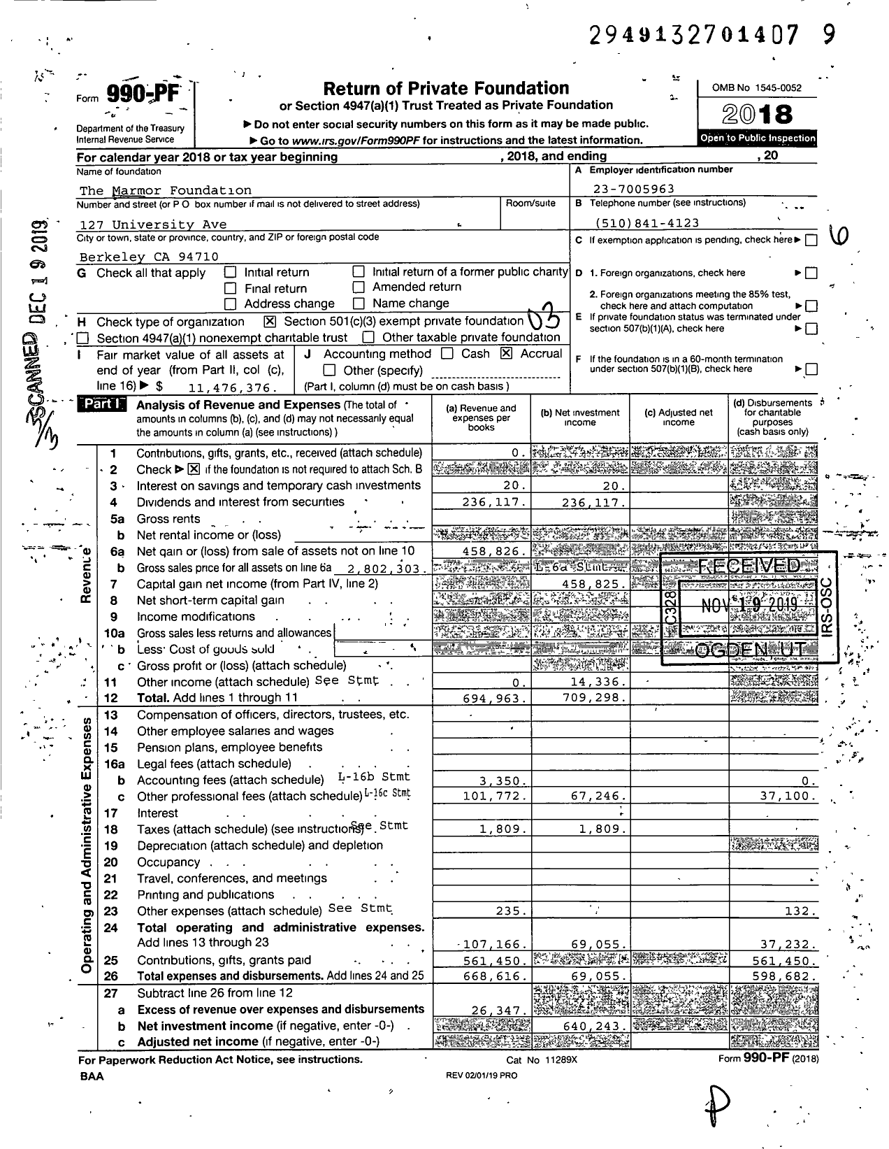Image of first page of 2018 Form 990PF for The Marmor Foundation