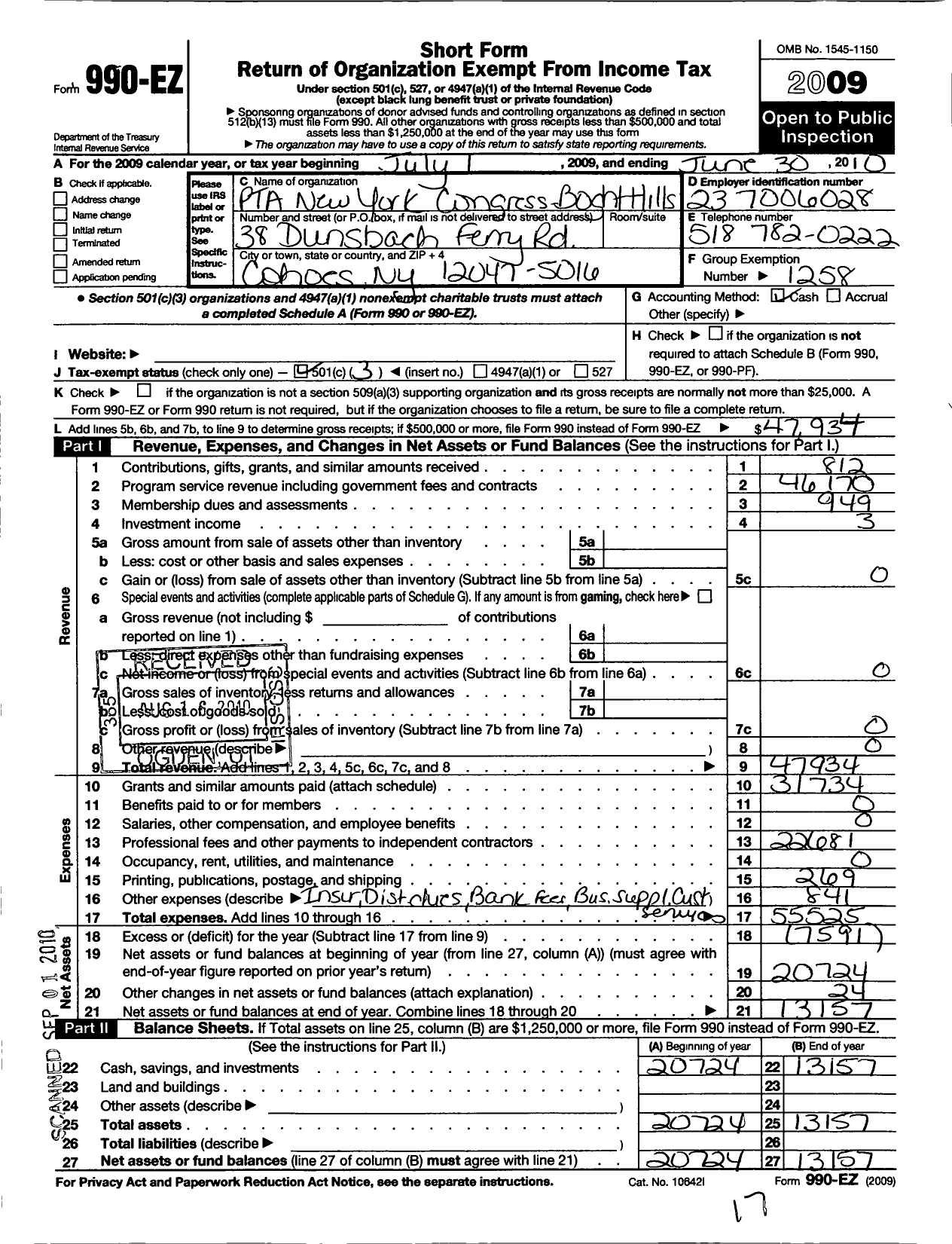 Image of first page of 2009 Form 990EZ for New York State PTA - 12-085 Boght Hills School PTA