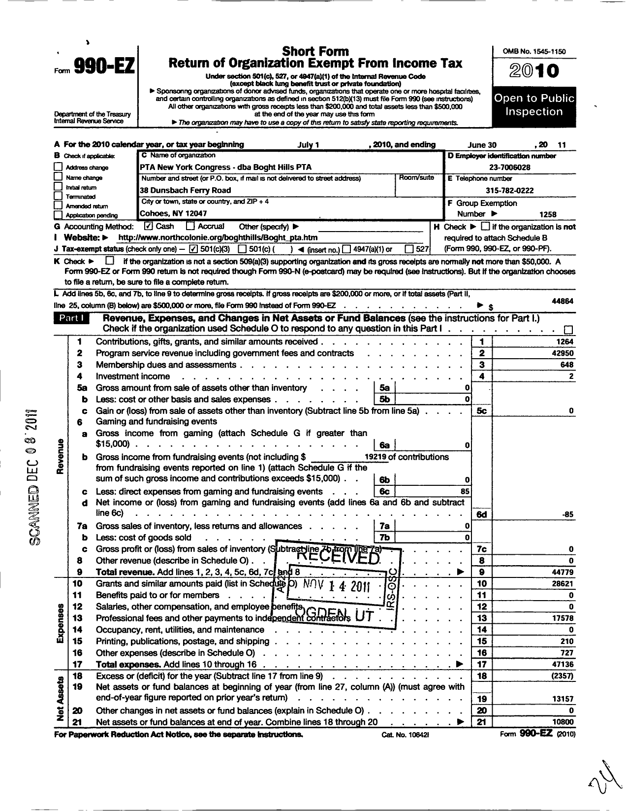 Image of first page of 2010 Form 990EZ for New York State PTA - 12-085 Boght Hills School PTA