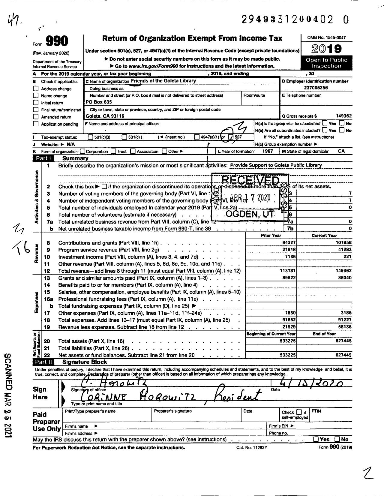 Image of first page of 2019 Form 990 for Friends of the Goleta Valley Library