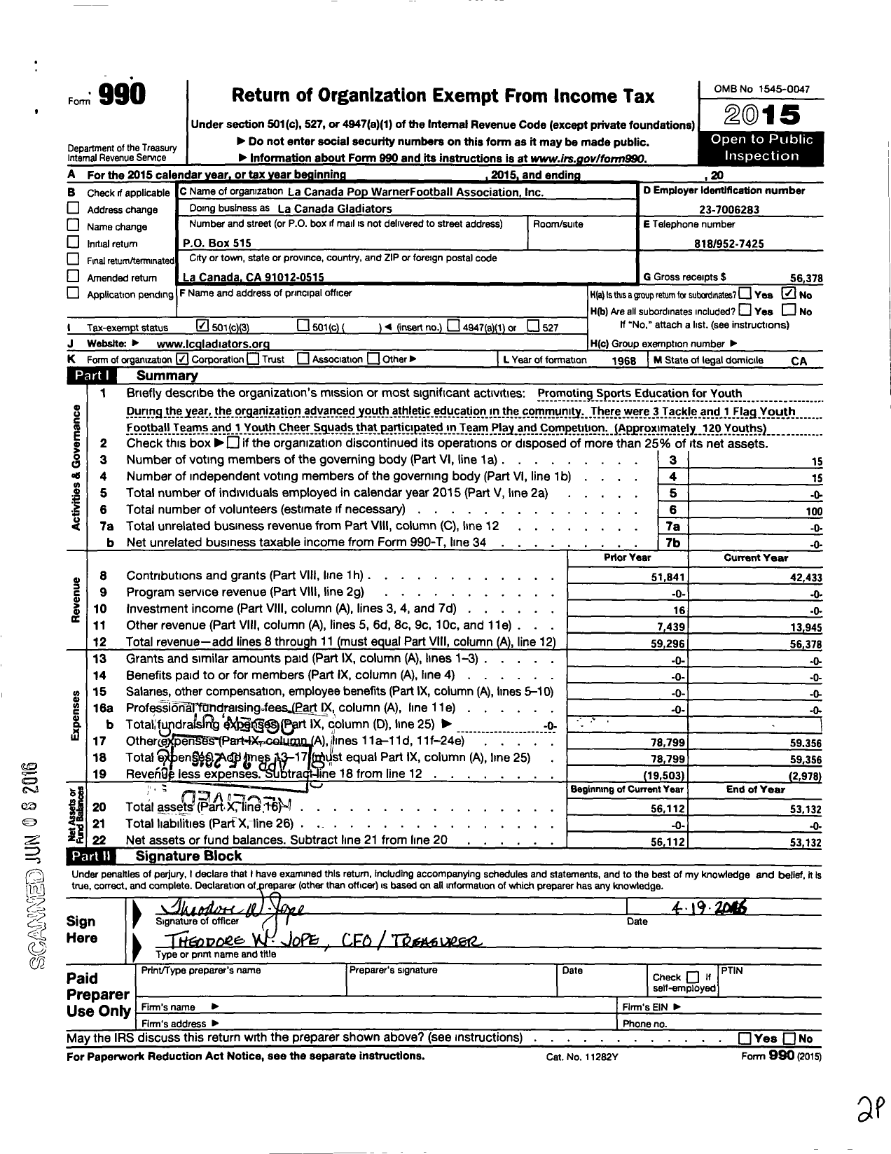 Image of first page of 2015 Form 990 for Pop Warner Football Association La Canada