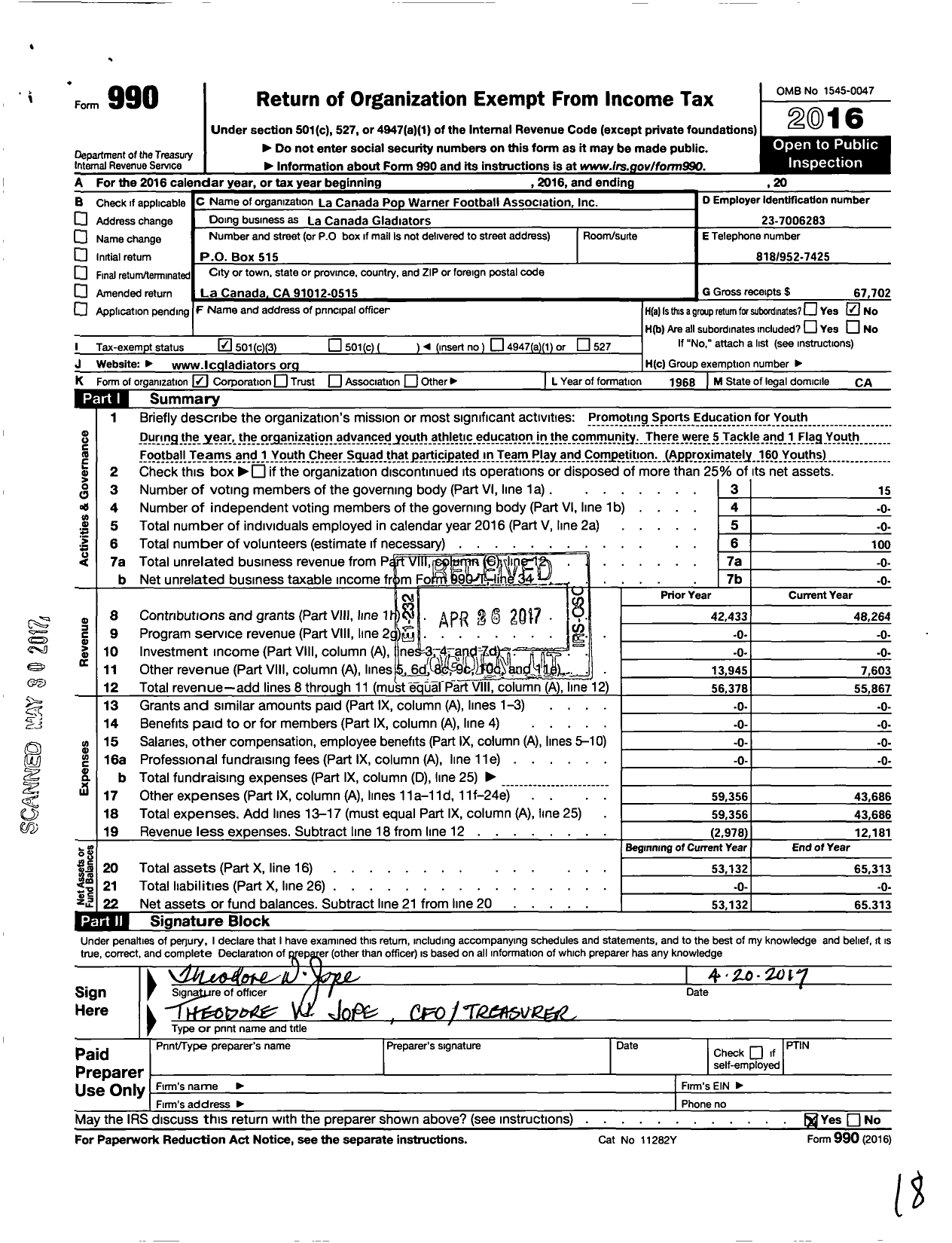 Image of first page of 2016 Form 990 for Pop Warner Football Association La Canada