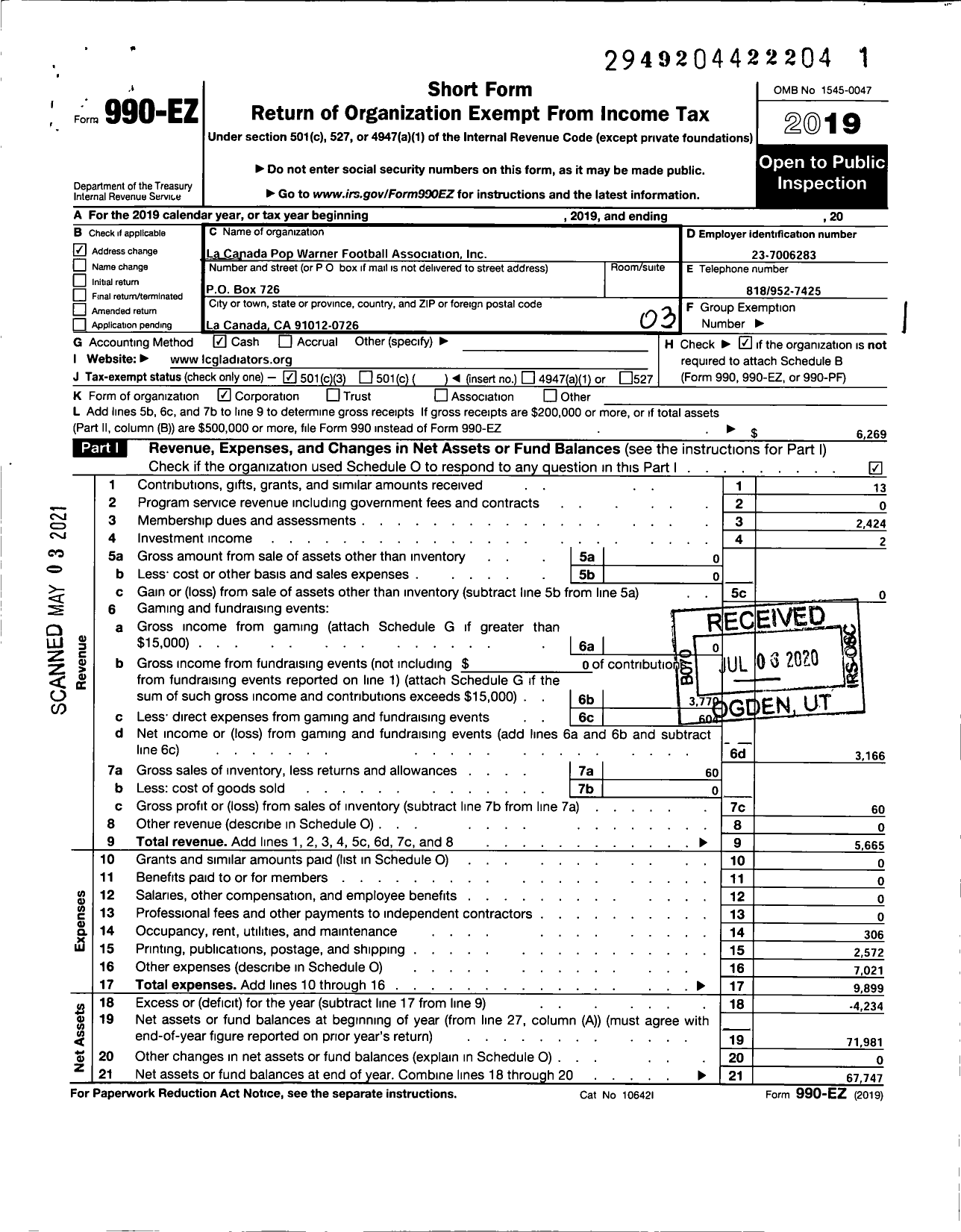 Image of first page of 2019 Form 990EZ for Pop Warner Football Association La Canada