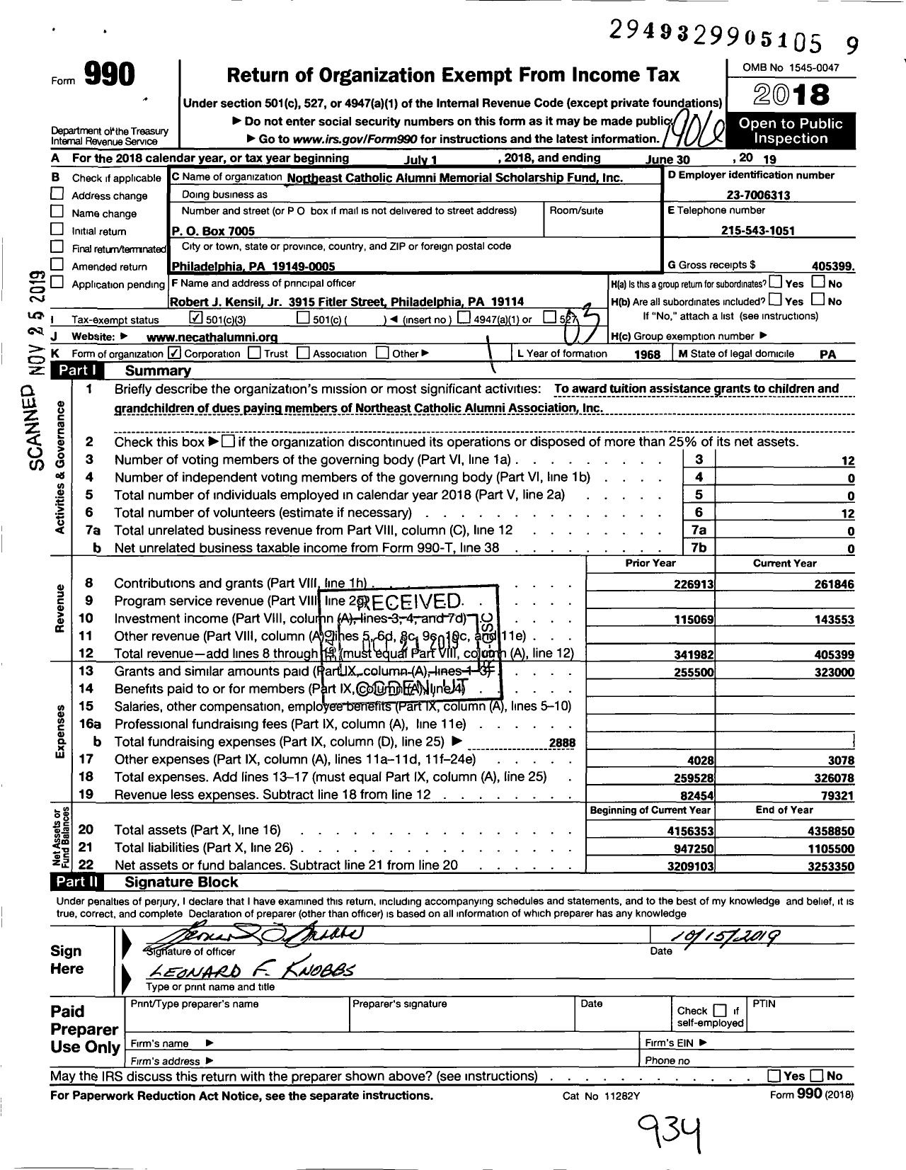 Image of first page of 2018 Form 990 for Northeast Catholic Alumni Memorial Scholarship Fund