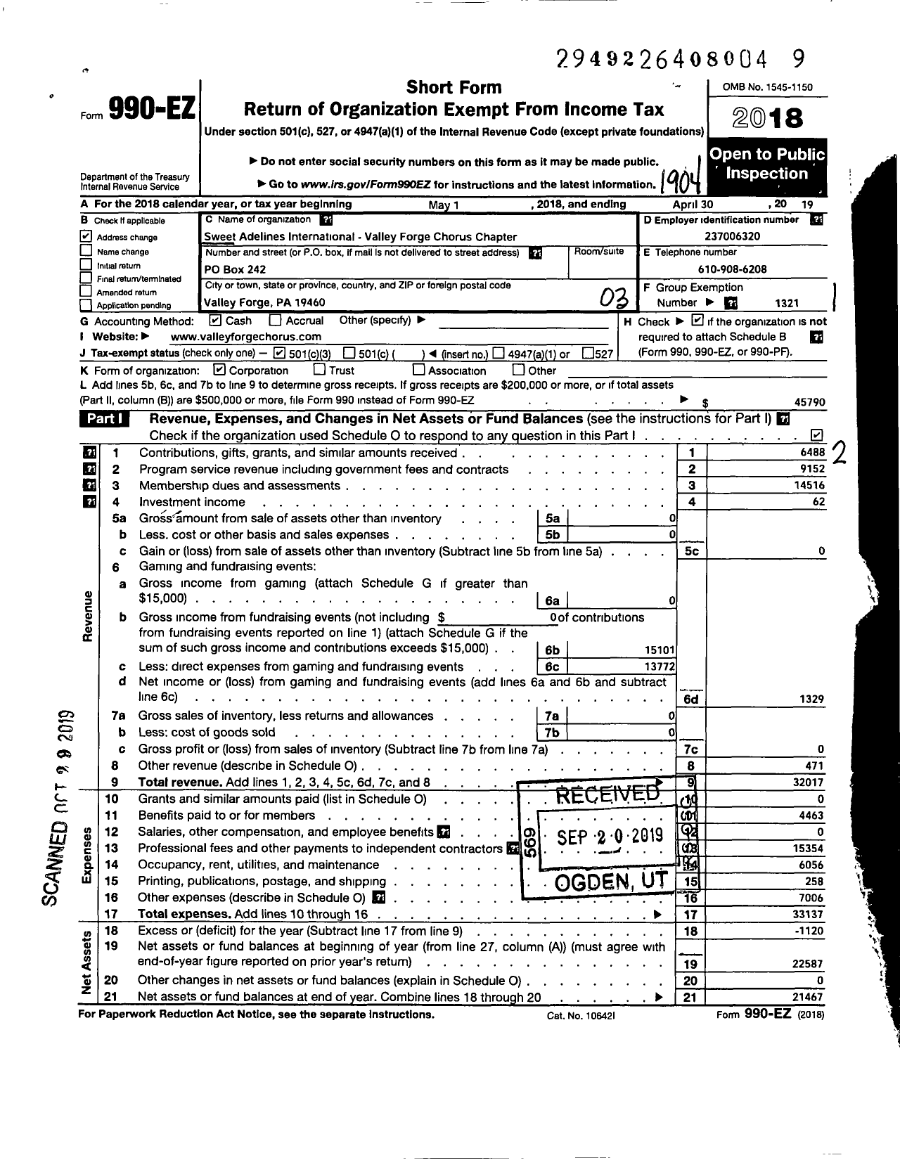 Image of first page of 2018 Form 990EZ for Sweet Adelines International - Valley Forge