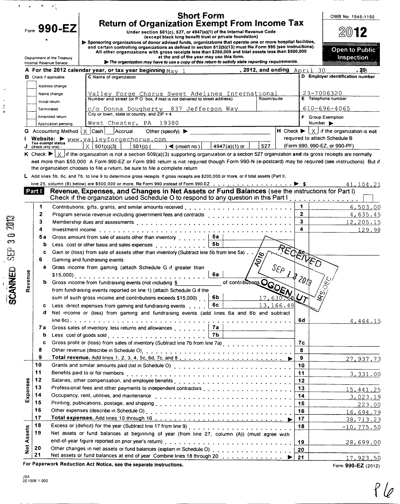 Image of first page of 2012 Form 990EZ for Sweet Adelines International - Valley Forge