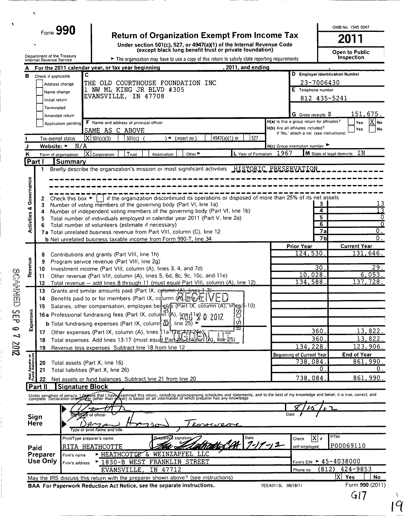 Image of first page of 2011 Form 990 for Old Vanderburgh County Courtho