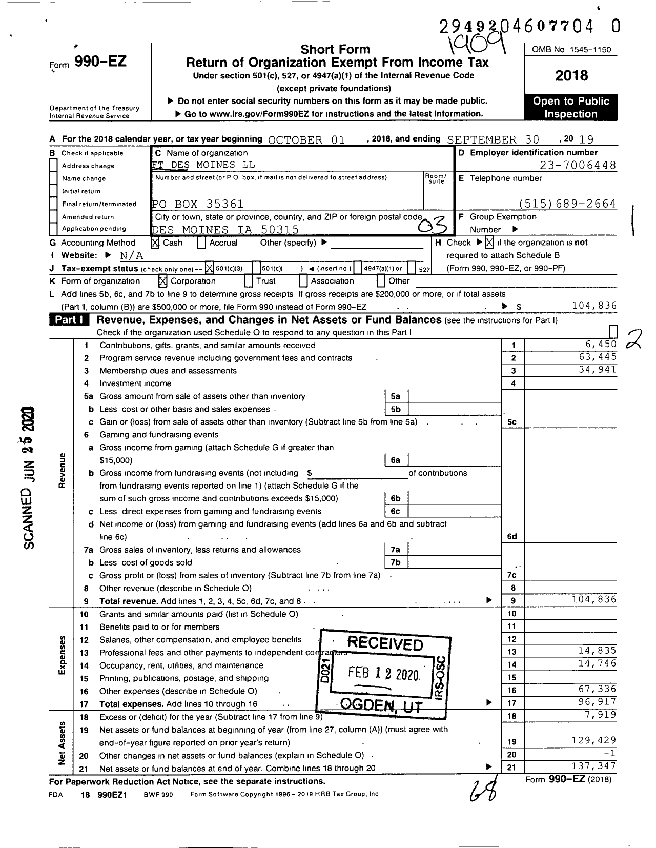 Image of first page of 2018 Form 990EZ for Little League Baseball - 1150505 FT Des Moines LL