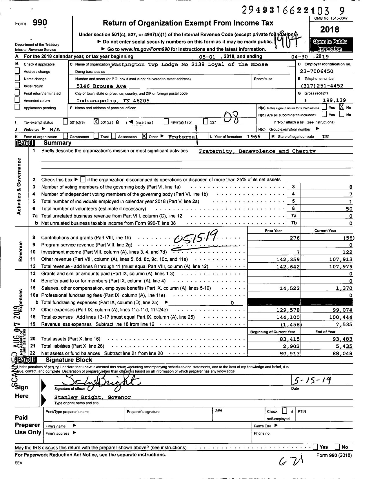 Image of first page of 2018 Form 990O for Loyal Order of Moose - 2138