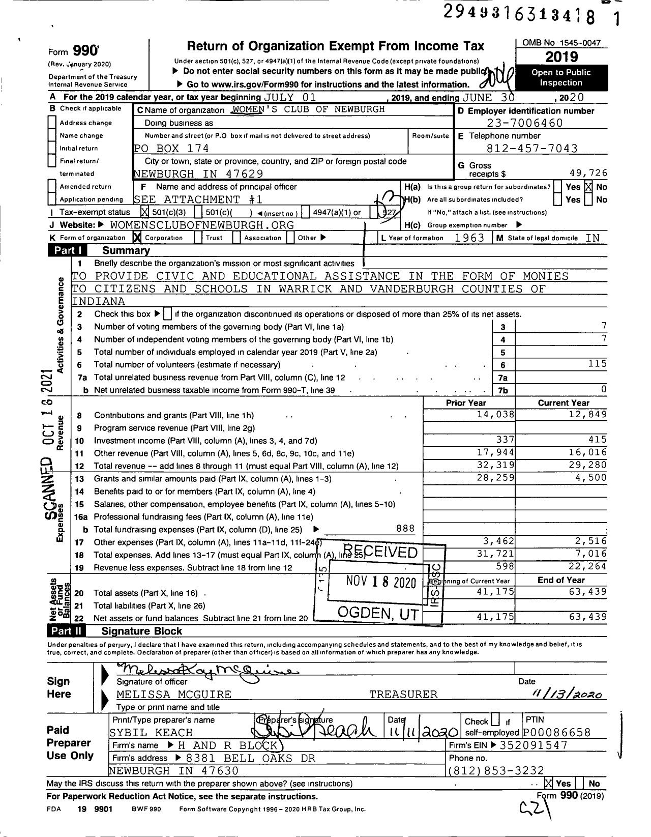 Image of first page of 2019 Form 990 for Womens Club of Newburgh