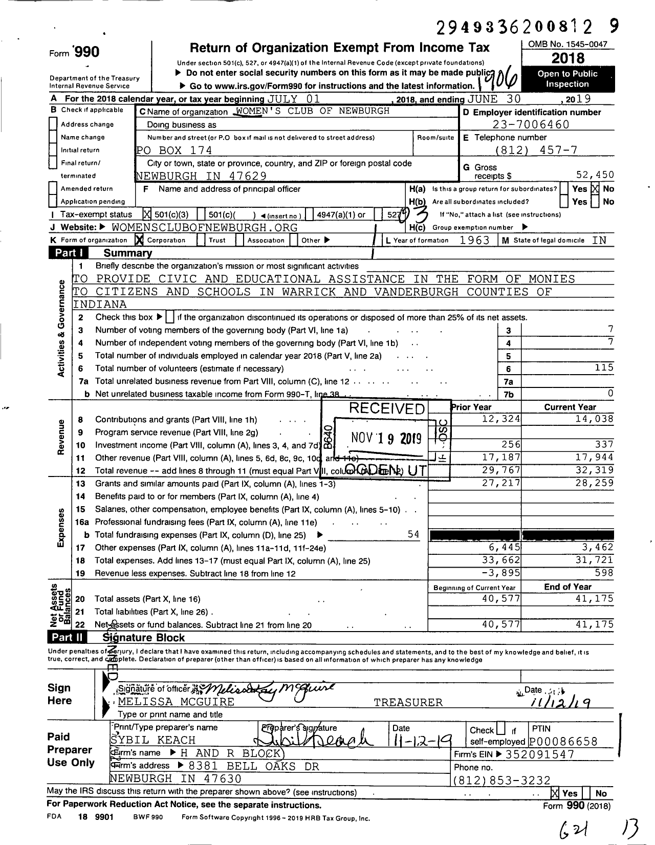 Image of first page of 2018 Form 990 for Womens Club of Newburgh