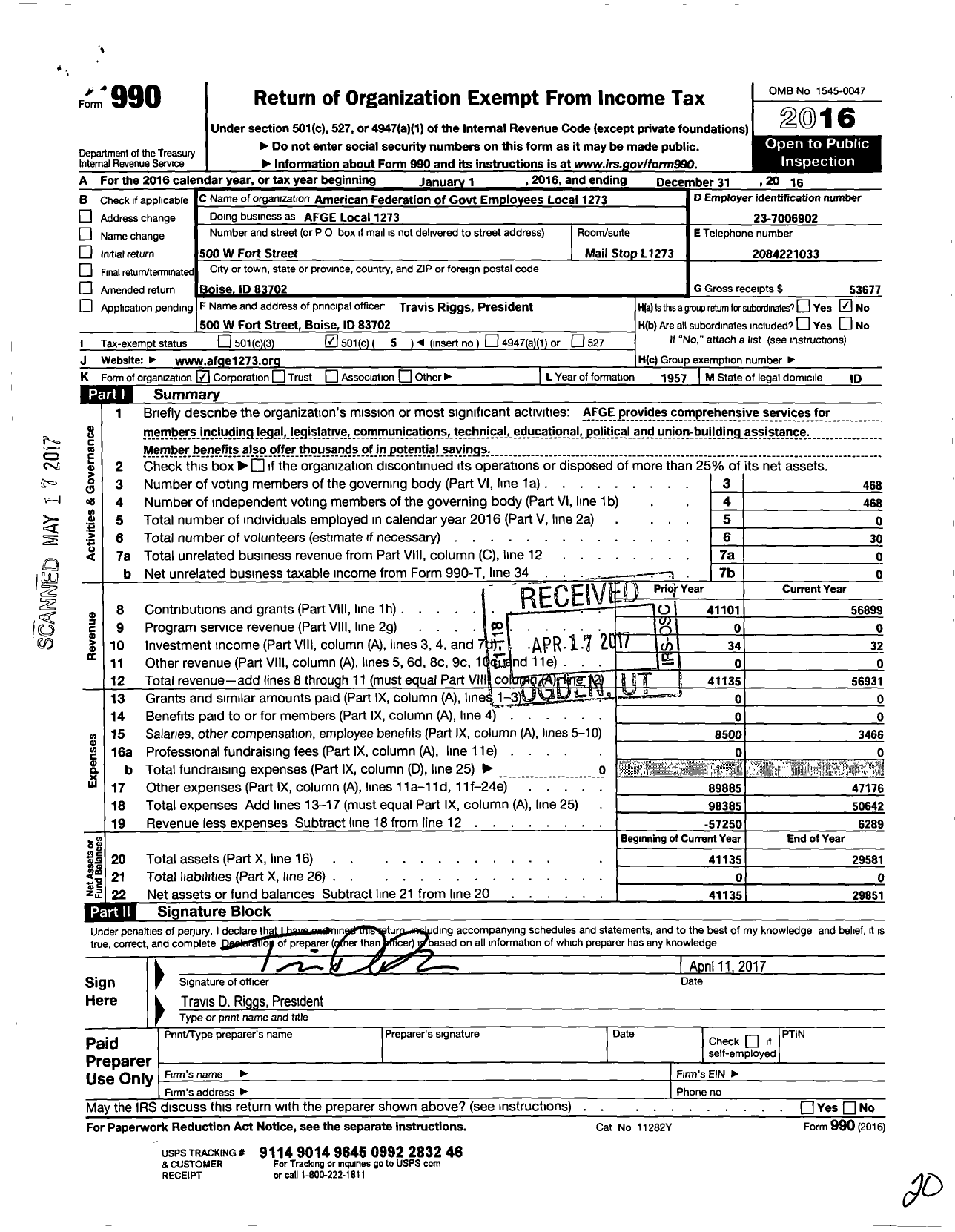 Image of first page of 2016 Form 990O for American Federation of Government Employees - 1273 Afge-Va Local