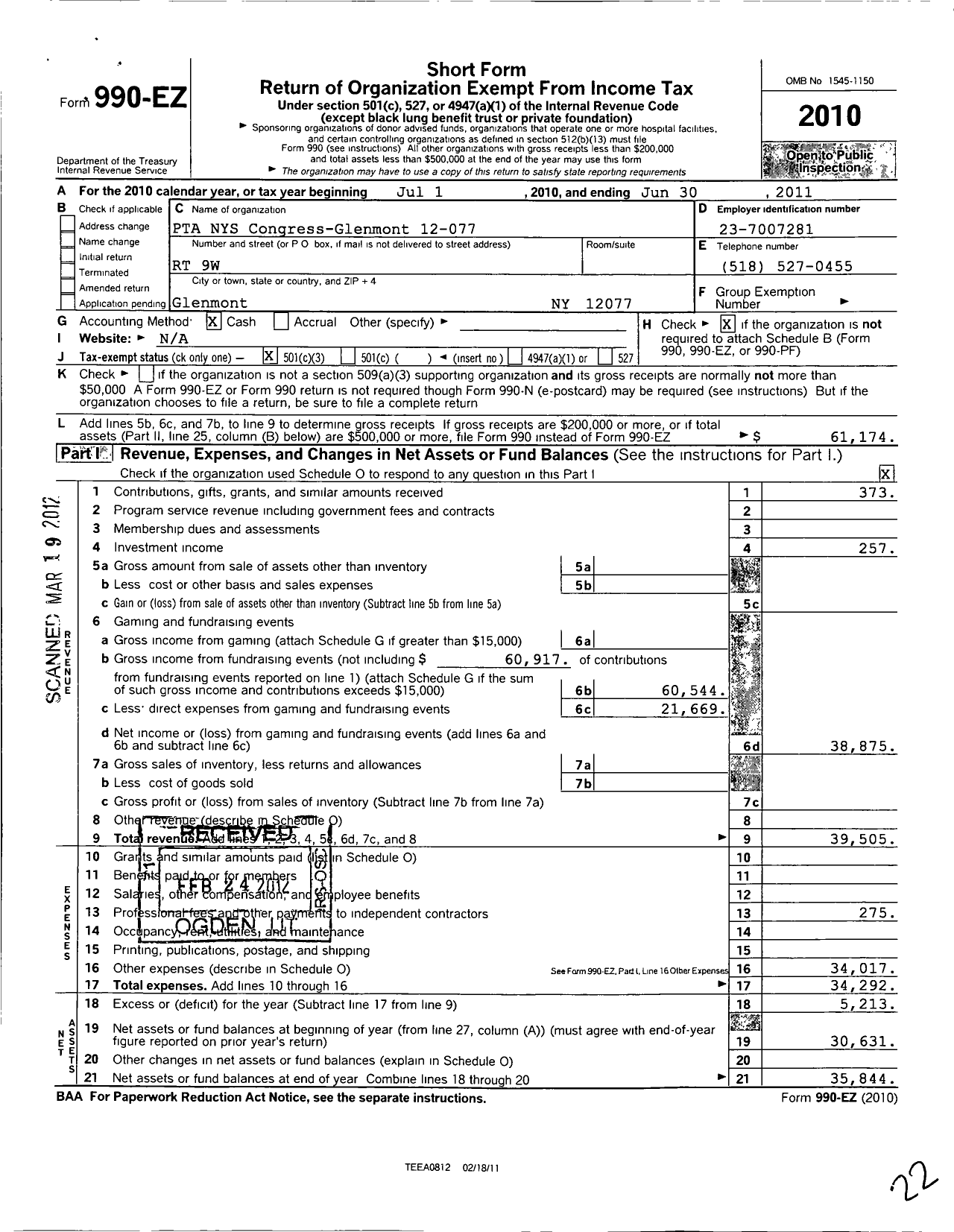 Image of first page of 2010 Form 990EZ for New York State PTA - 12-077 Glenmont Elem School PTA