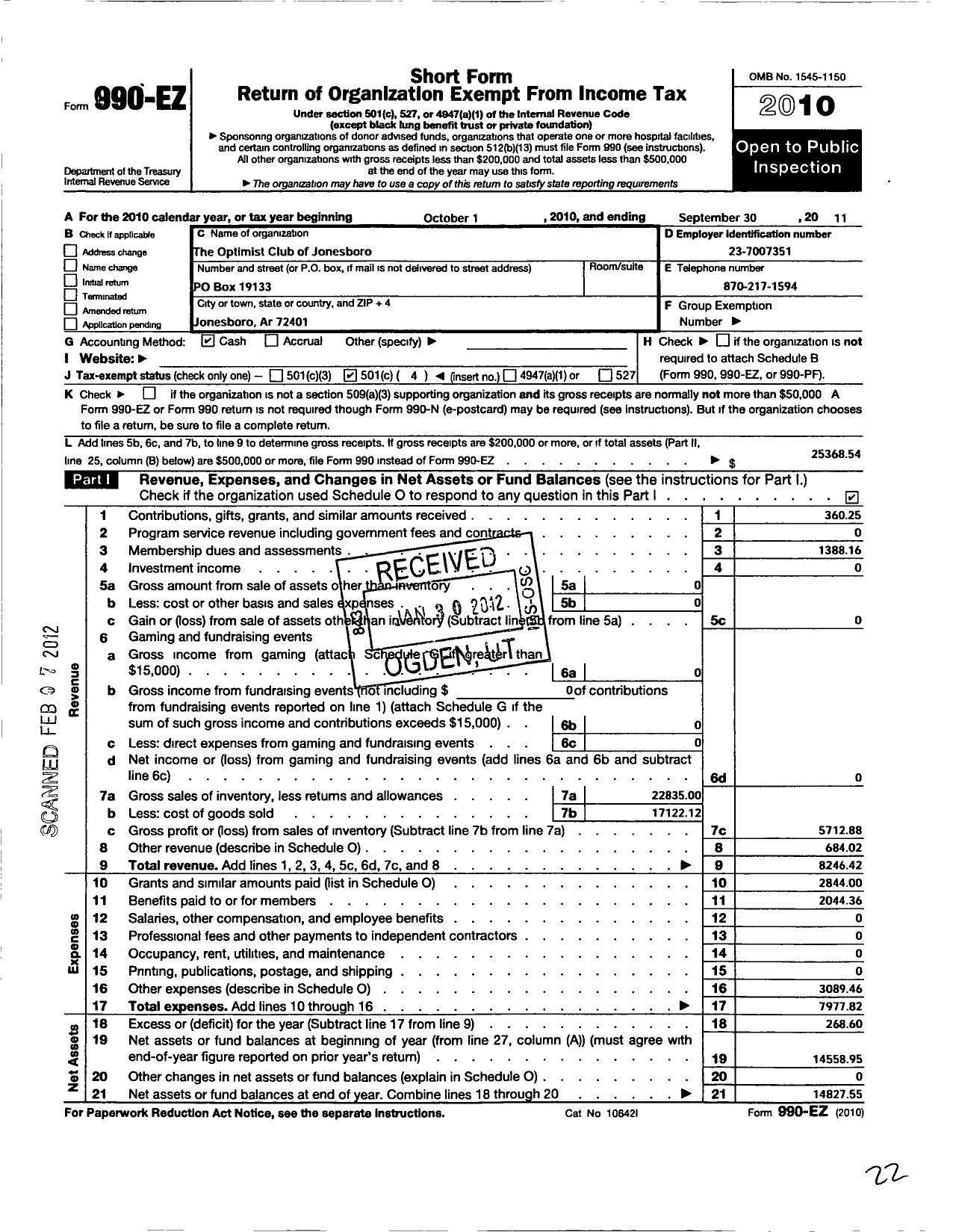 Image of first page of 2010 Form 990EO for Optimist International - 34058 Oc of Jonesboro Ar