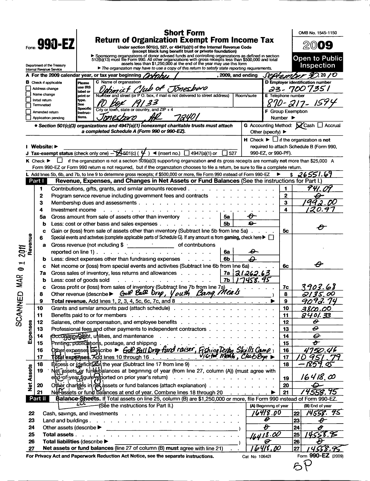 Image of first page of 2009 Form 990EO for Optimist International - 34058 Oc of Jonesboro Ar