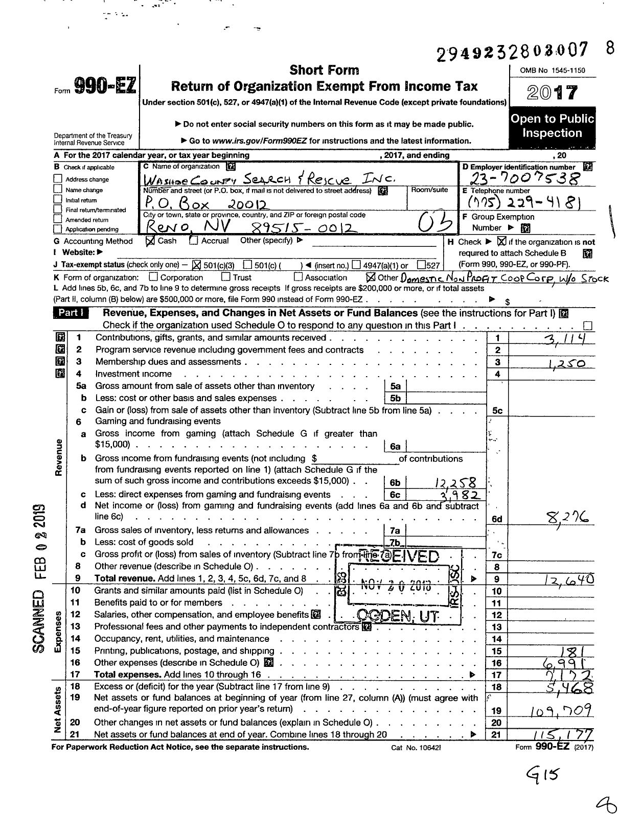 Image of first page of 2017 Form 990EZ for Washoe County Search and Rescue