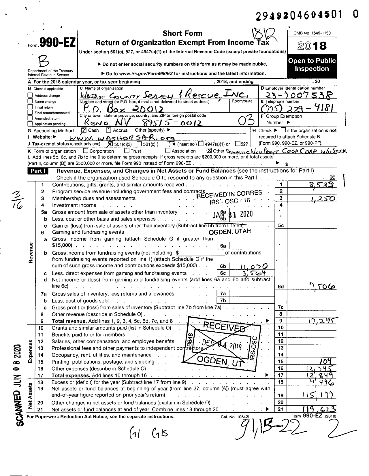 Image of first page of 2018 Form 990EZ for Washoe County Search and Rescue