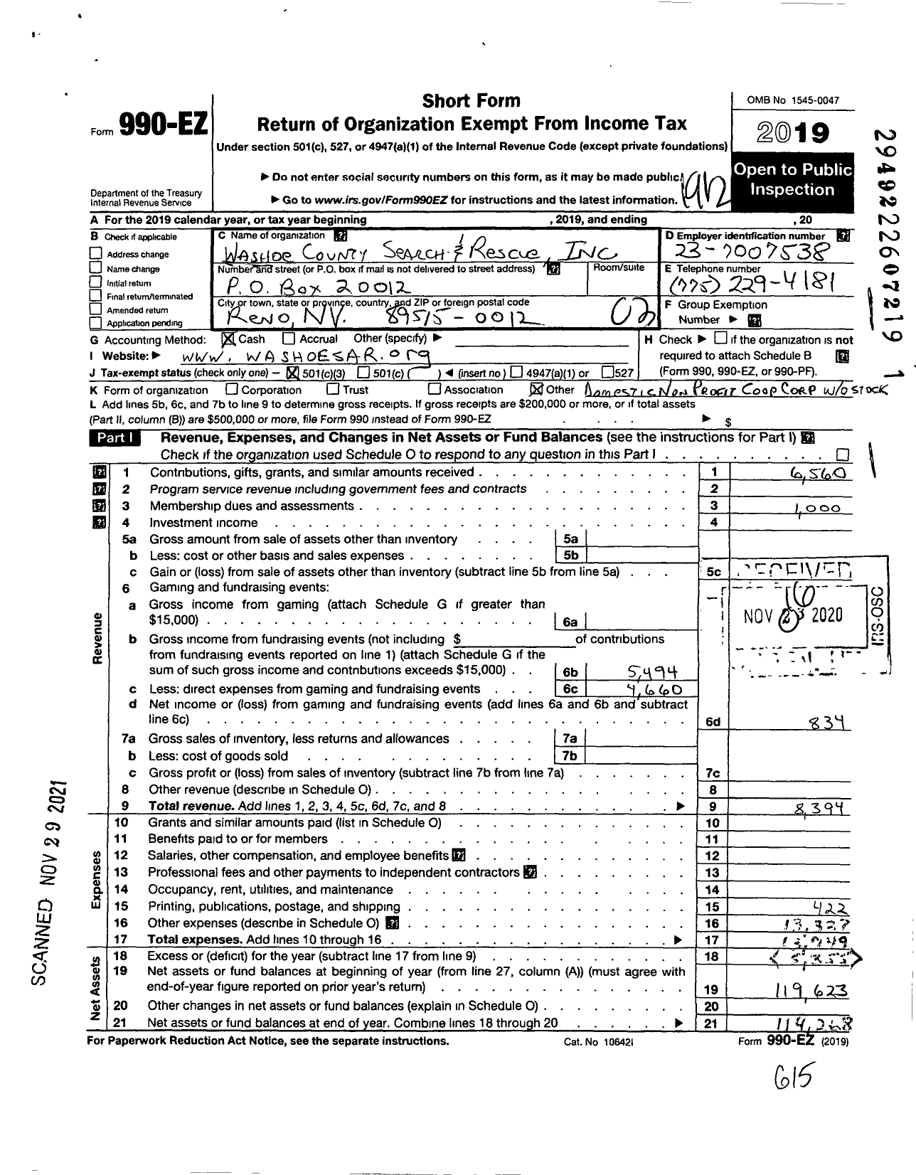 Image of first page of 2019 Form 990EZ for Washoe County Search and Rescue