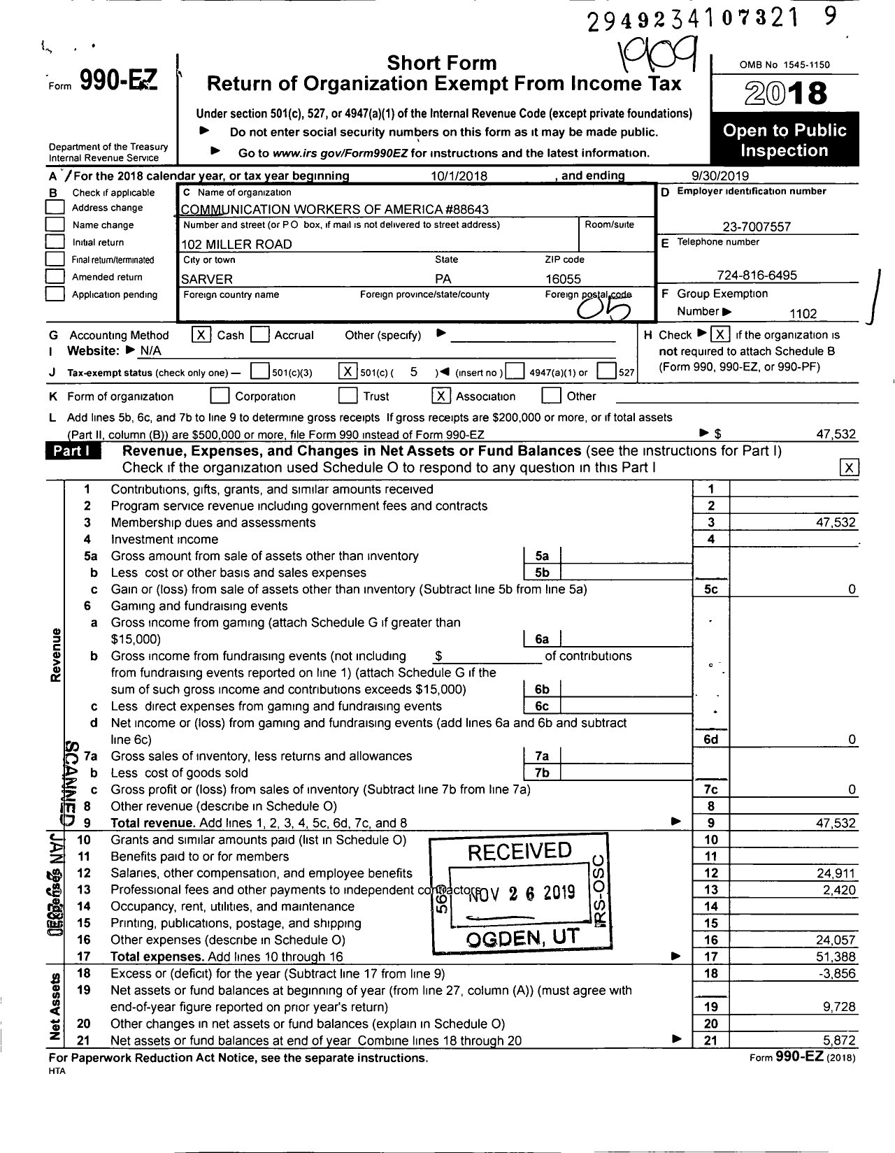 Image of first page of 2018 Form 990EO for Communications Workers of America - 88643 Local