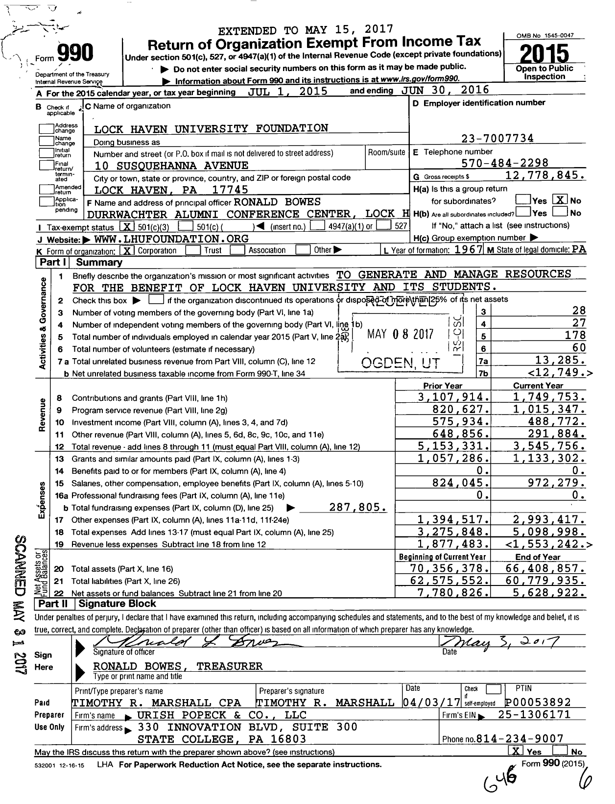 Image of first page of 2015 Form 990 for Lock Haven University Foundation