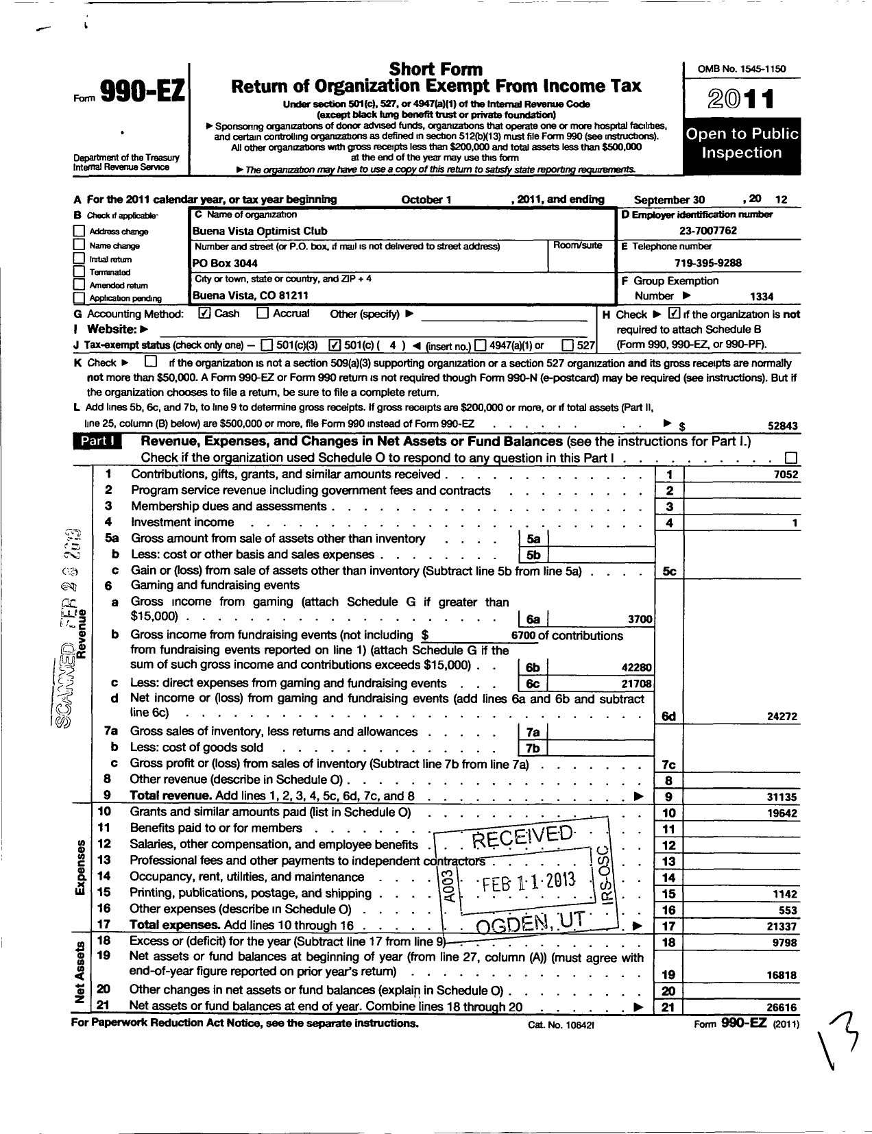 Image of first page of 2011 Form 990EO for Optimist International - 25047 Oc of Buena Vista Co