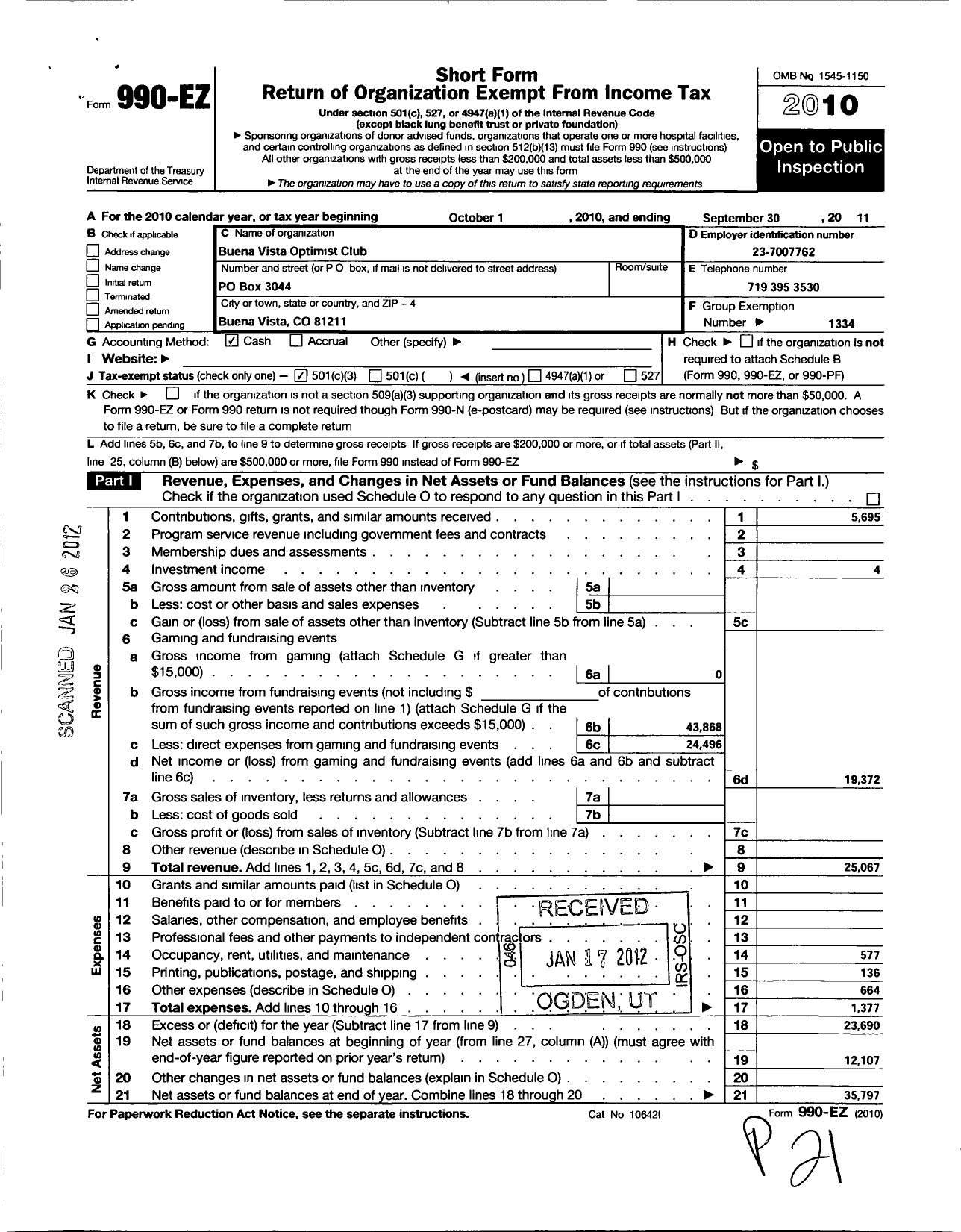 Image of first page of 2010 Form 990EZ for Optimist International - 25047 Oc of Buena Vista Co