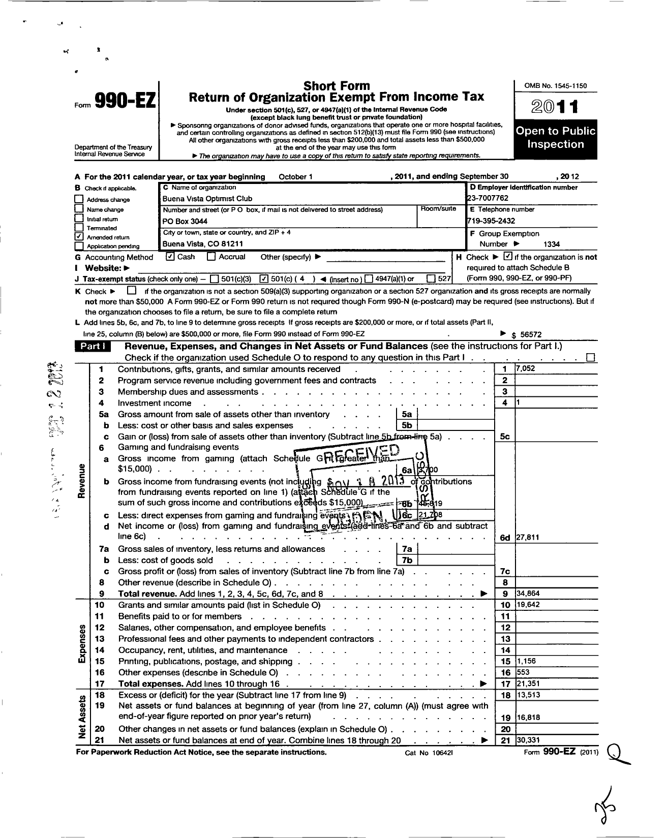 Image of first page of 2011 Form 990EO for Optimist International - 25047 Oc of Buena Vista Co