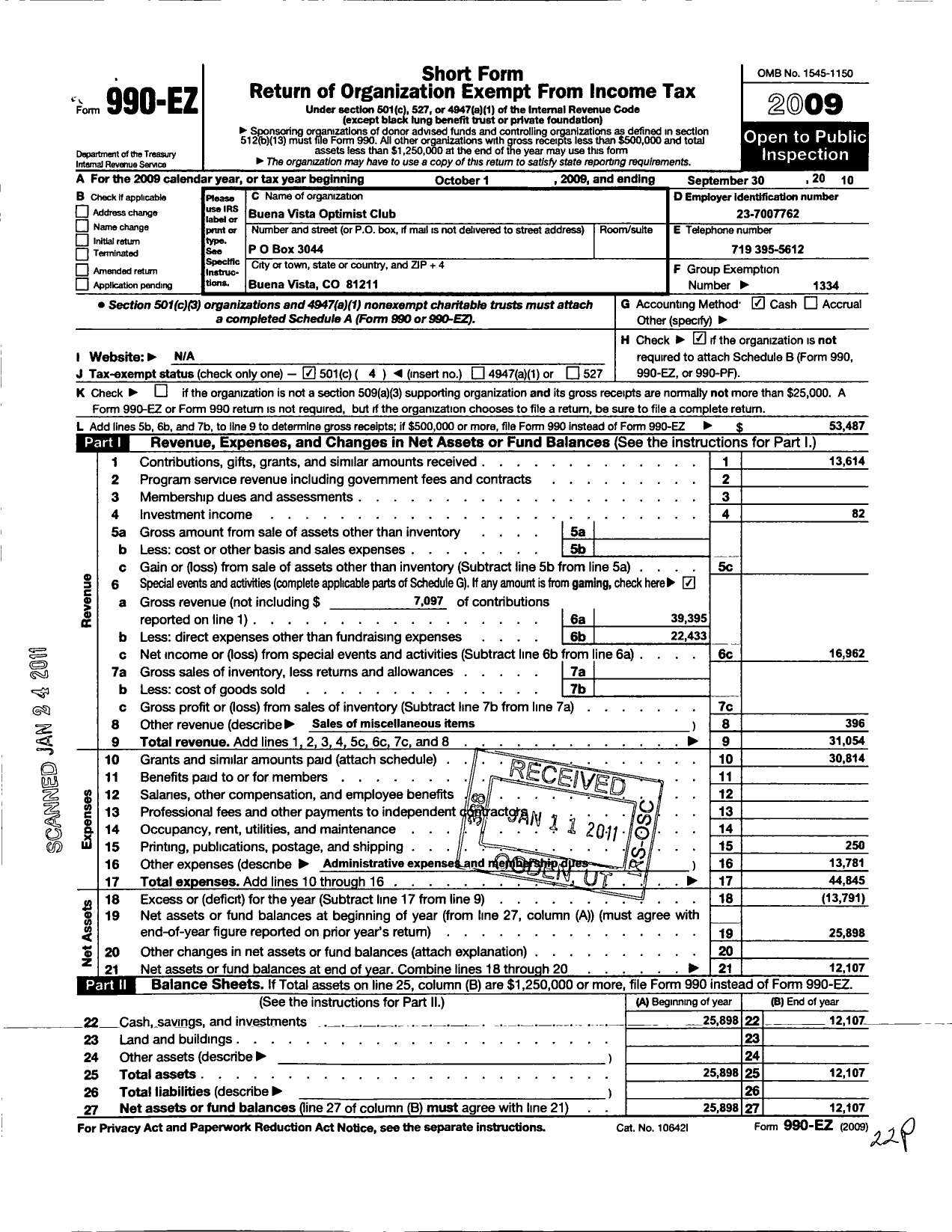 Image of first page of 2009 Form 990EO for Optimist International - 25047 Oc of Buena Vista Co