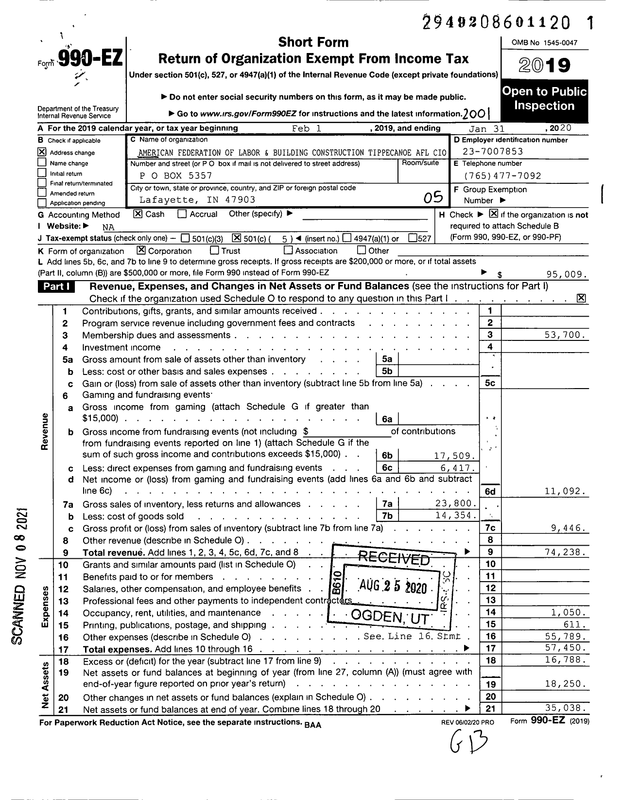 Image of first page of 2019 Form 990EO for AFL-CIO - Tippecanoe BCTC