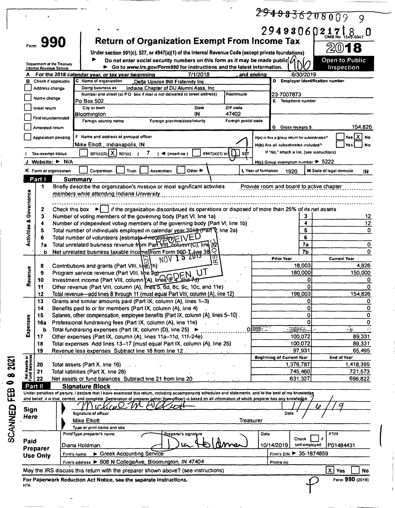 Image of first page of 2018 Form 990O for Delta Upsilon Fraternity - Indiana Chapter of DU Alumni Asss