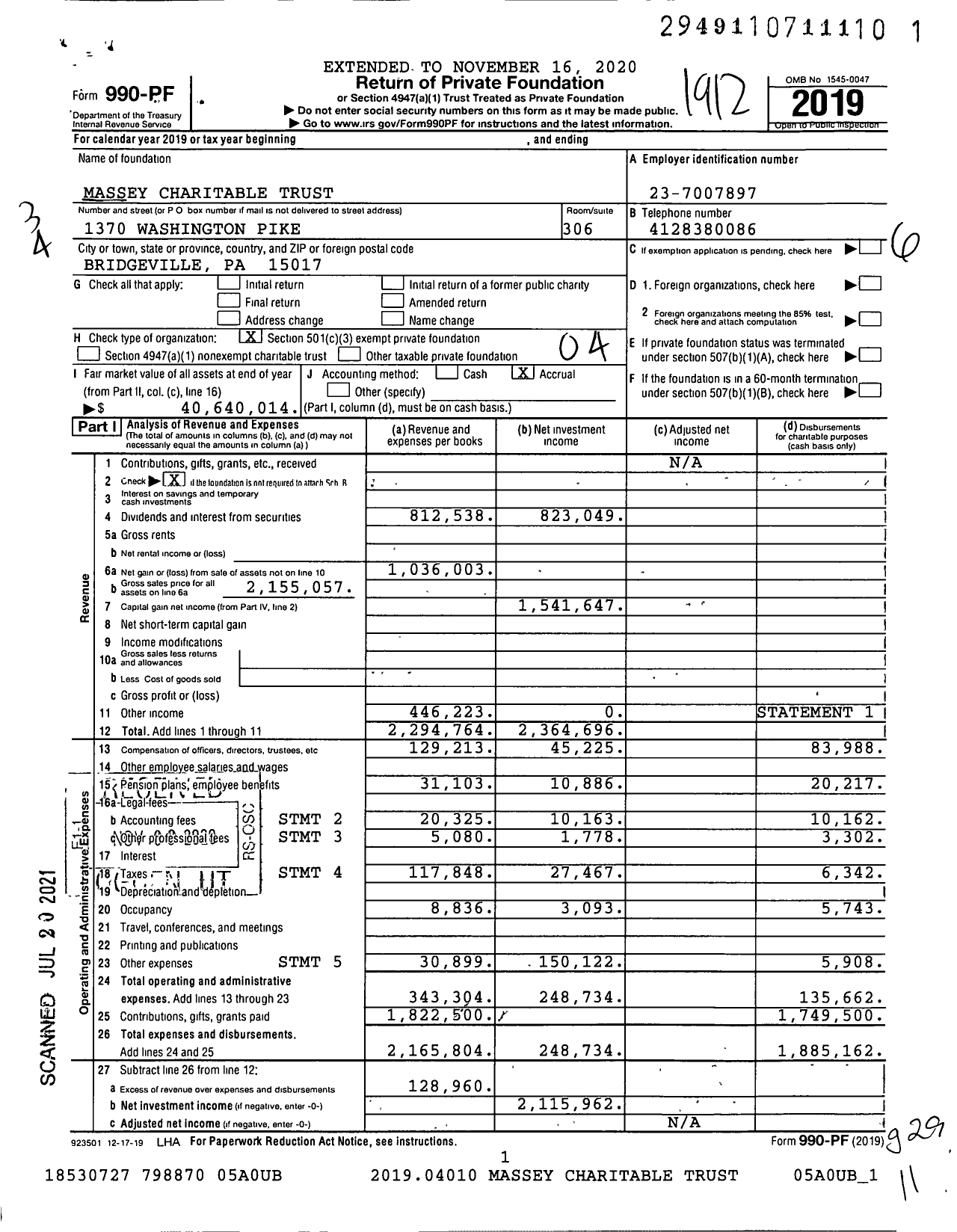 Image of first page of 2019 Form 990PF for Massey Charitable Trust