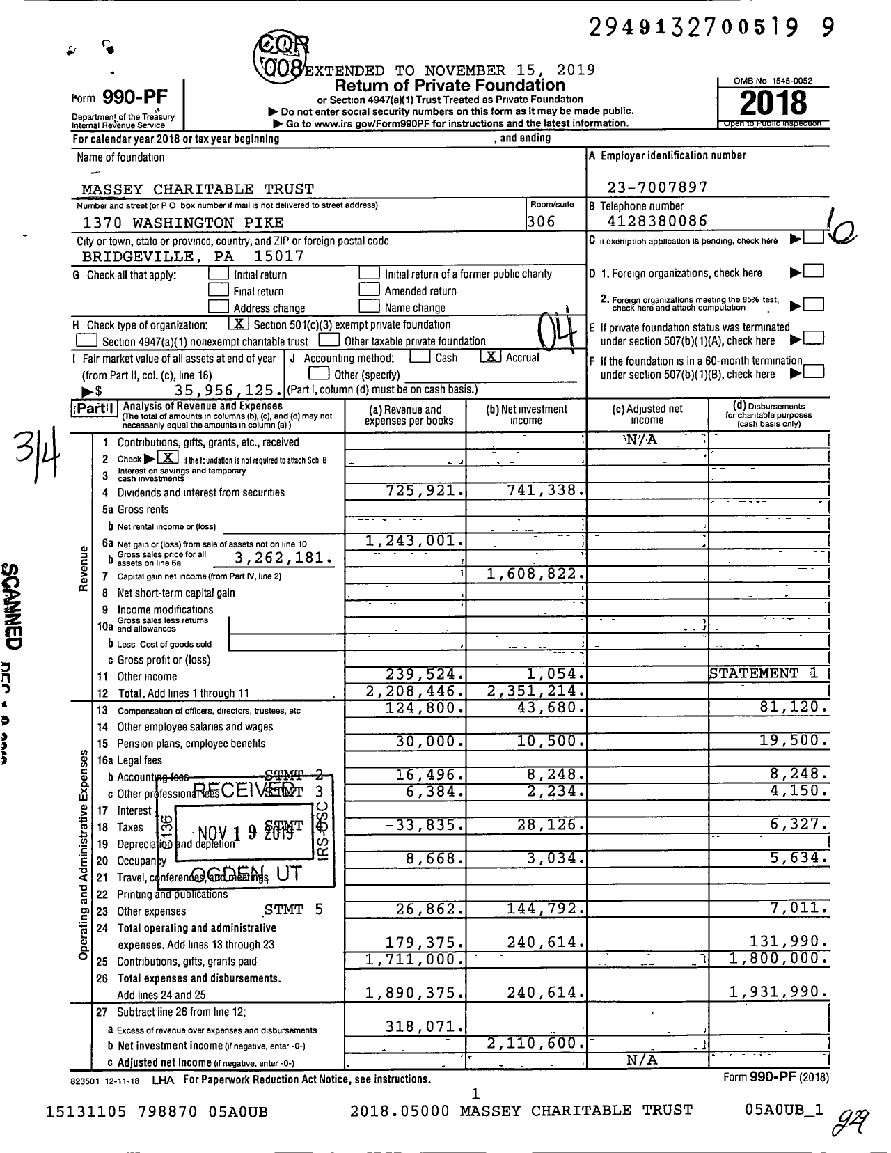 Image of first page of 2018 Form 990PF for Massey Charitable Trust