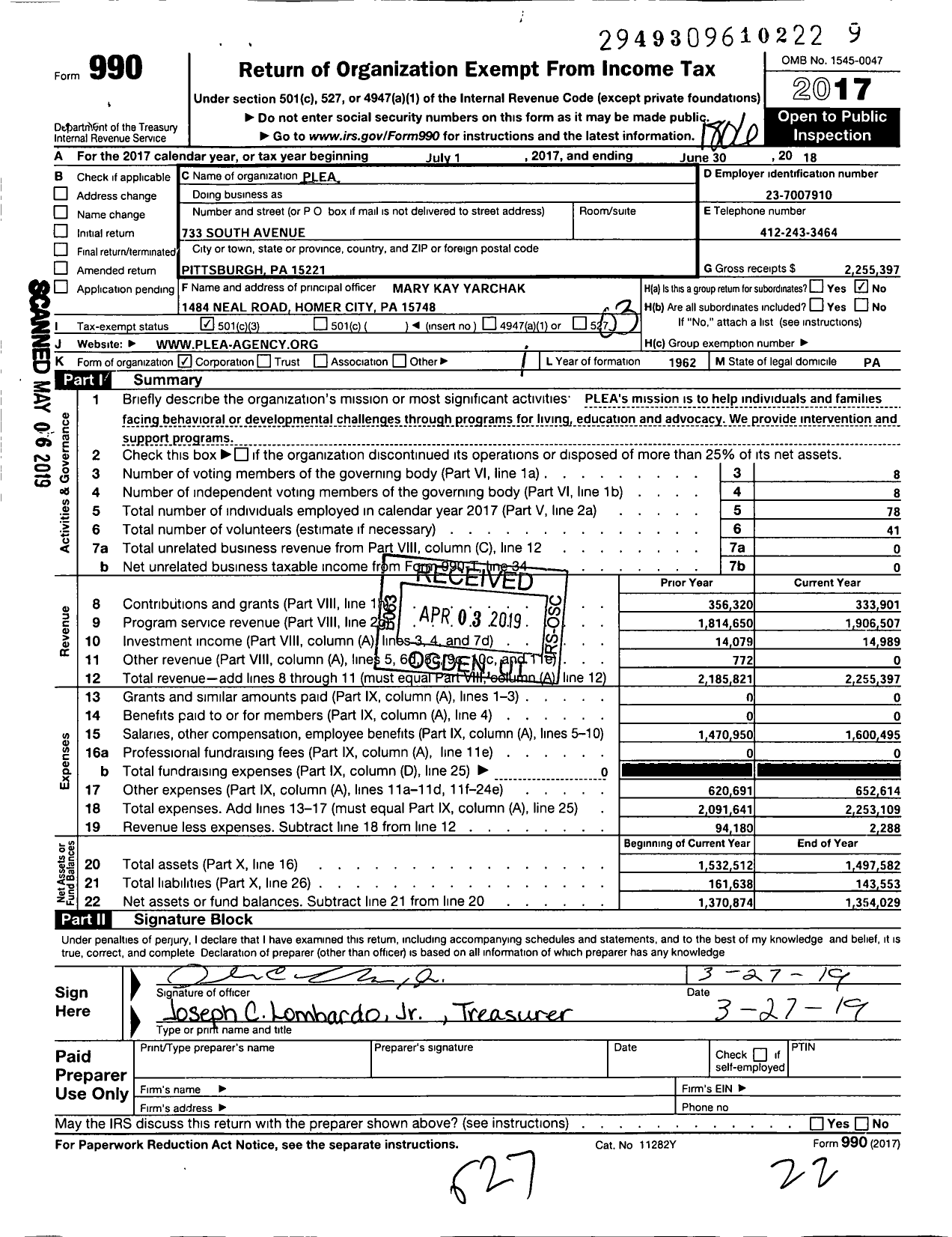 Image of first page of 2017 Form 990 for Plea