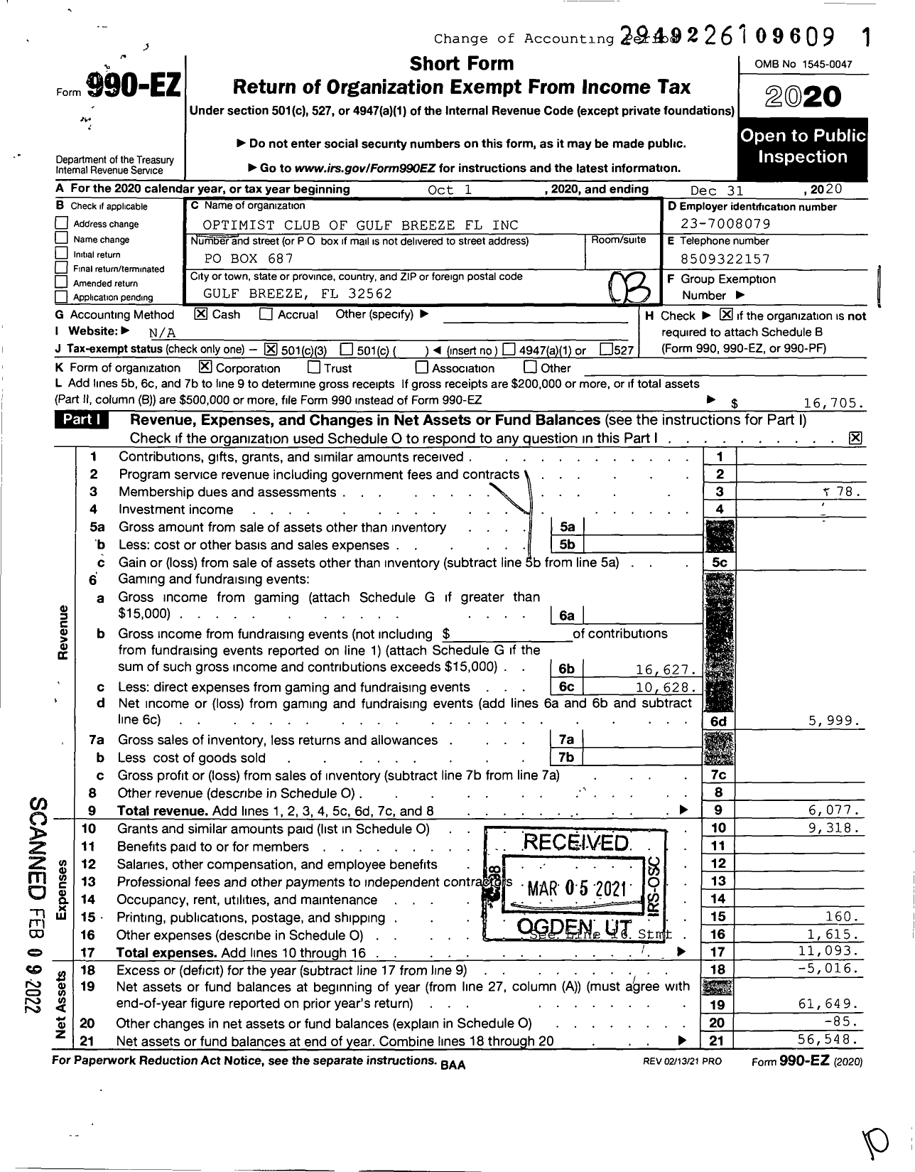 Image of first page of 2020 Form 990EZ for Optimist Club of Gulf Breeze