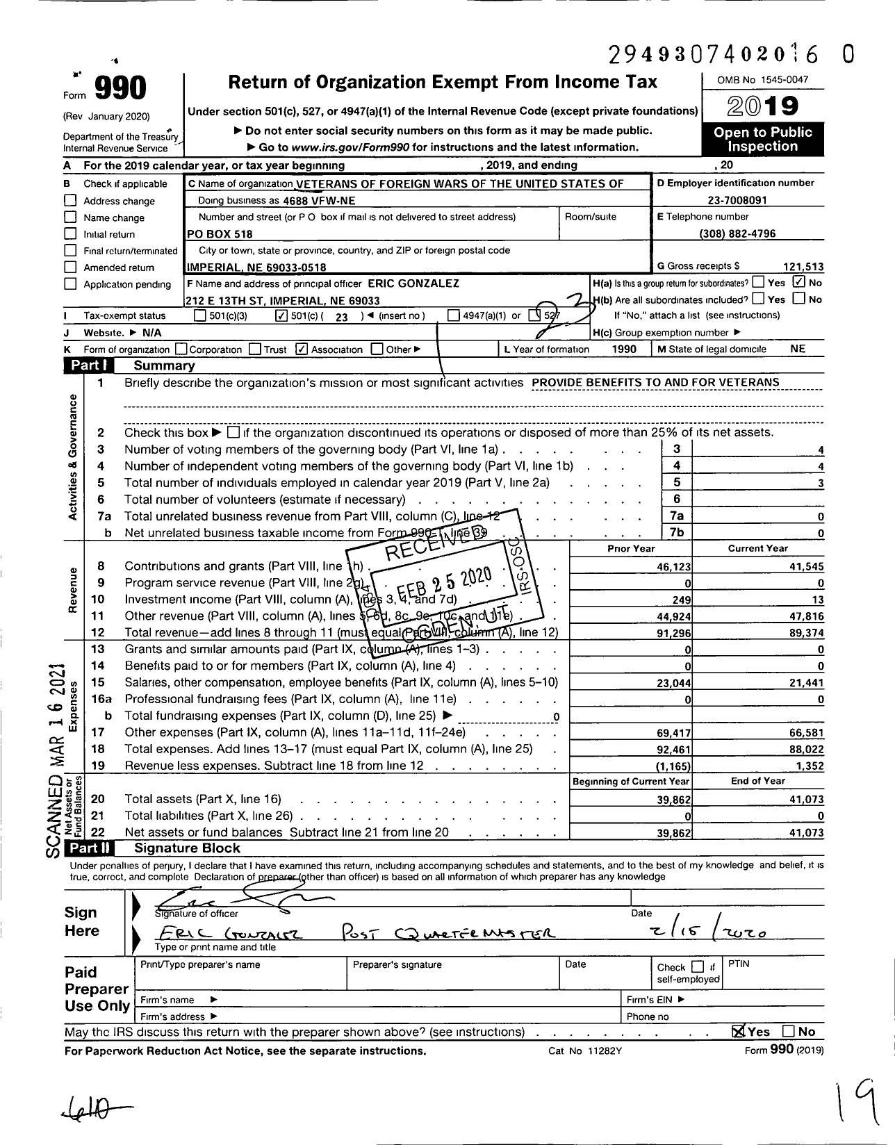 Image of first page of 2019 Form 990O for Veterans of Foreign Wars of the United States of A - Andrew Kinder Post 4688 VFW-NE