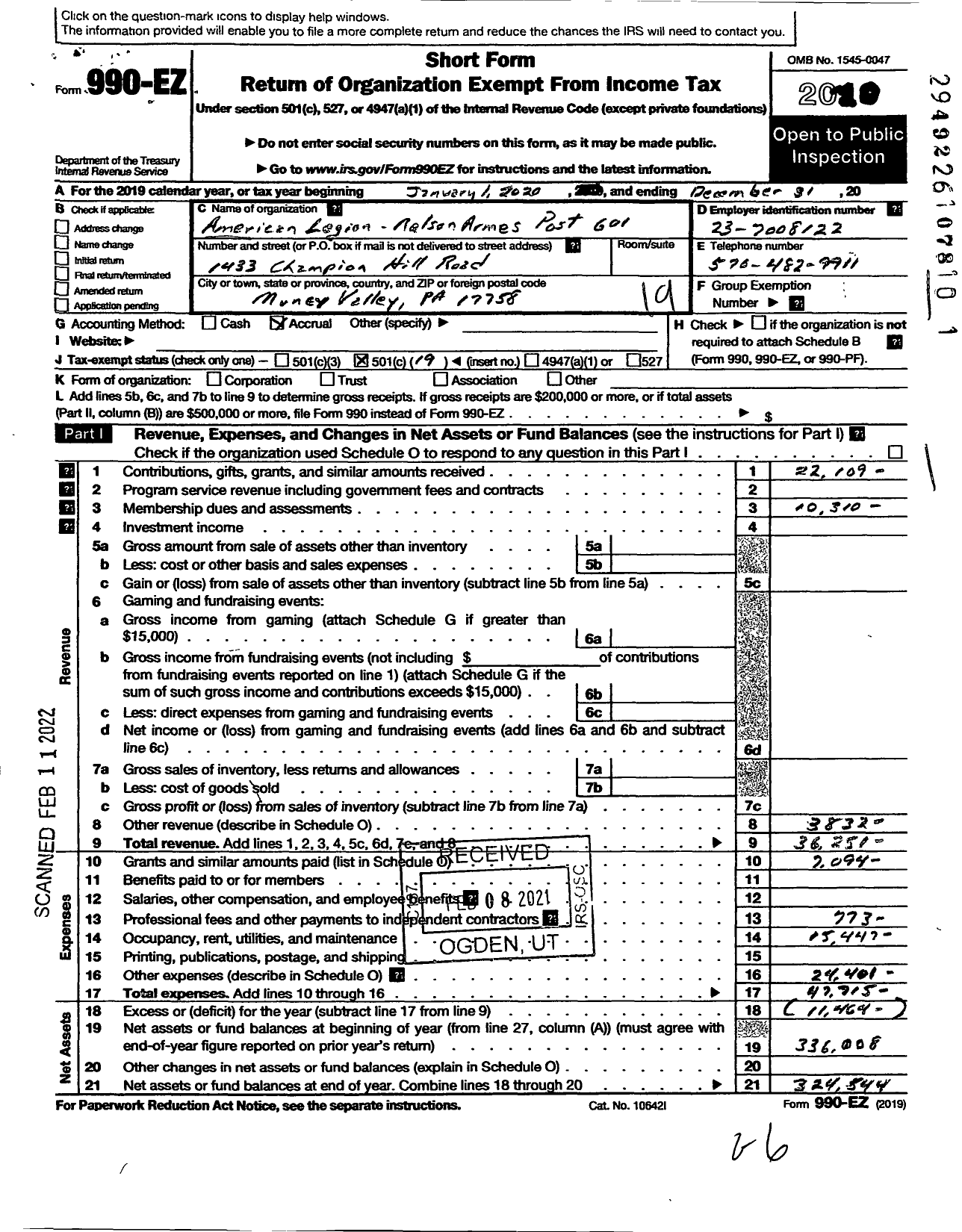 Image of first page of 2020 Form 990EO for American Legion 601 Nelson Armes Post