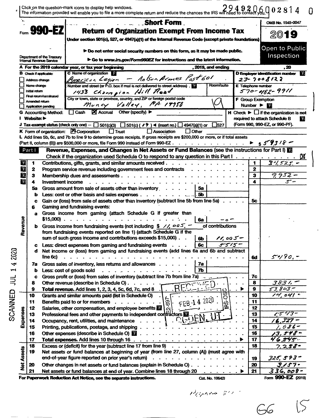 Image of first page of 2019 Form 990EO for American Legion 601 Nelson Armes Post