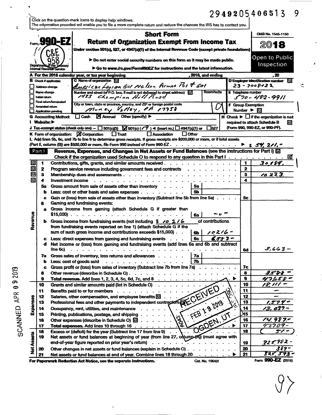 Image of first page of 2018 Form 990EO for American Legion 601 Nelson Armes Post