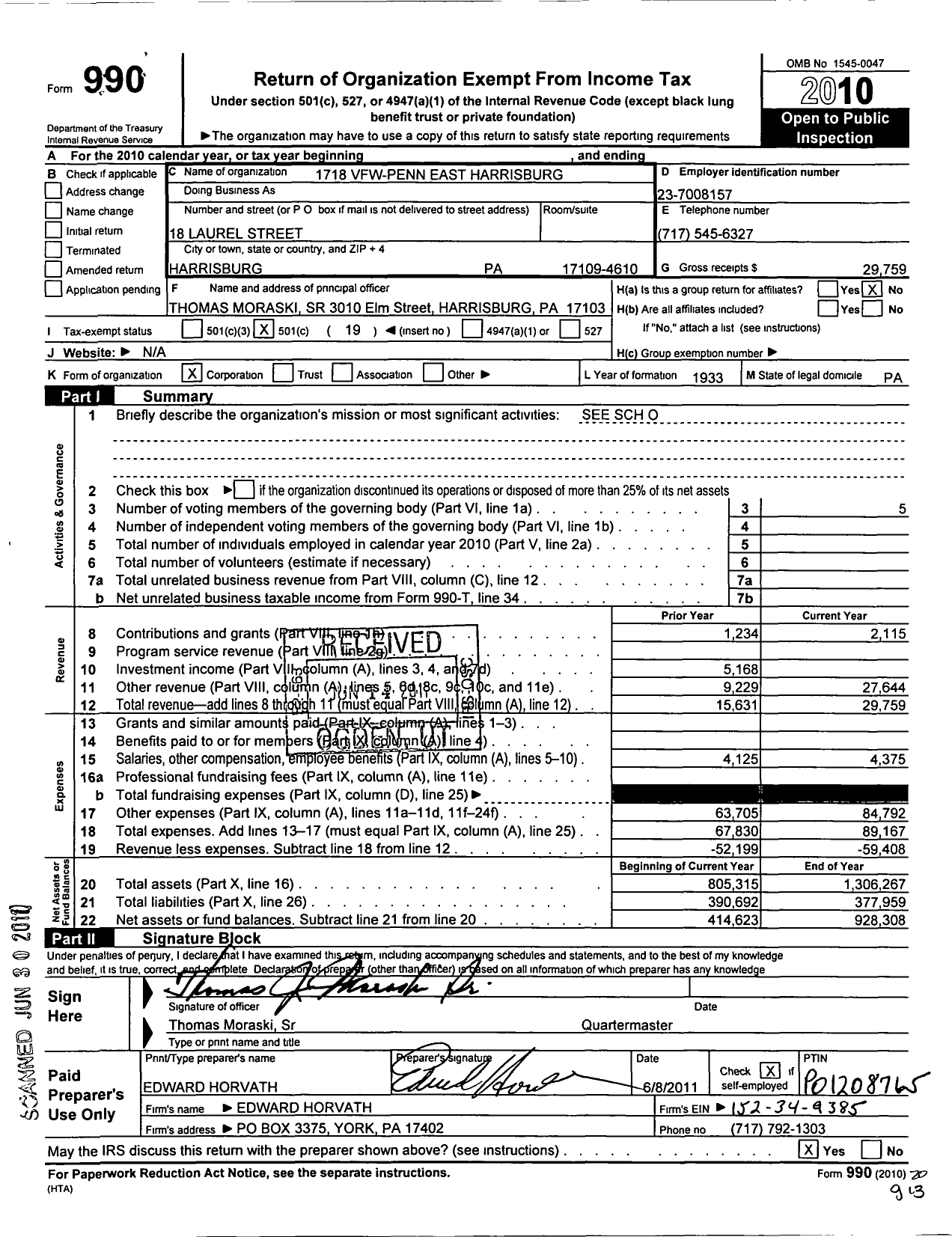 Image of first page of 2010 Form 990O for VFW Department of Pennsylvania - 1718 Vfw-Penn East Harrisburg